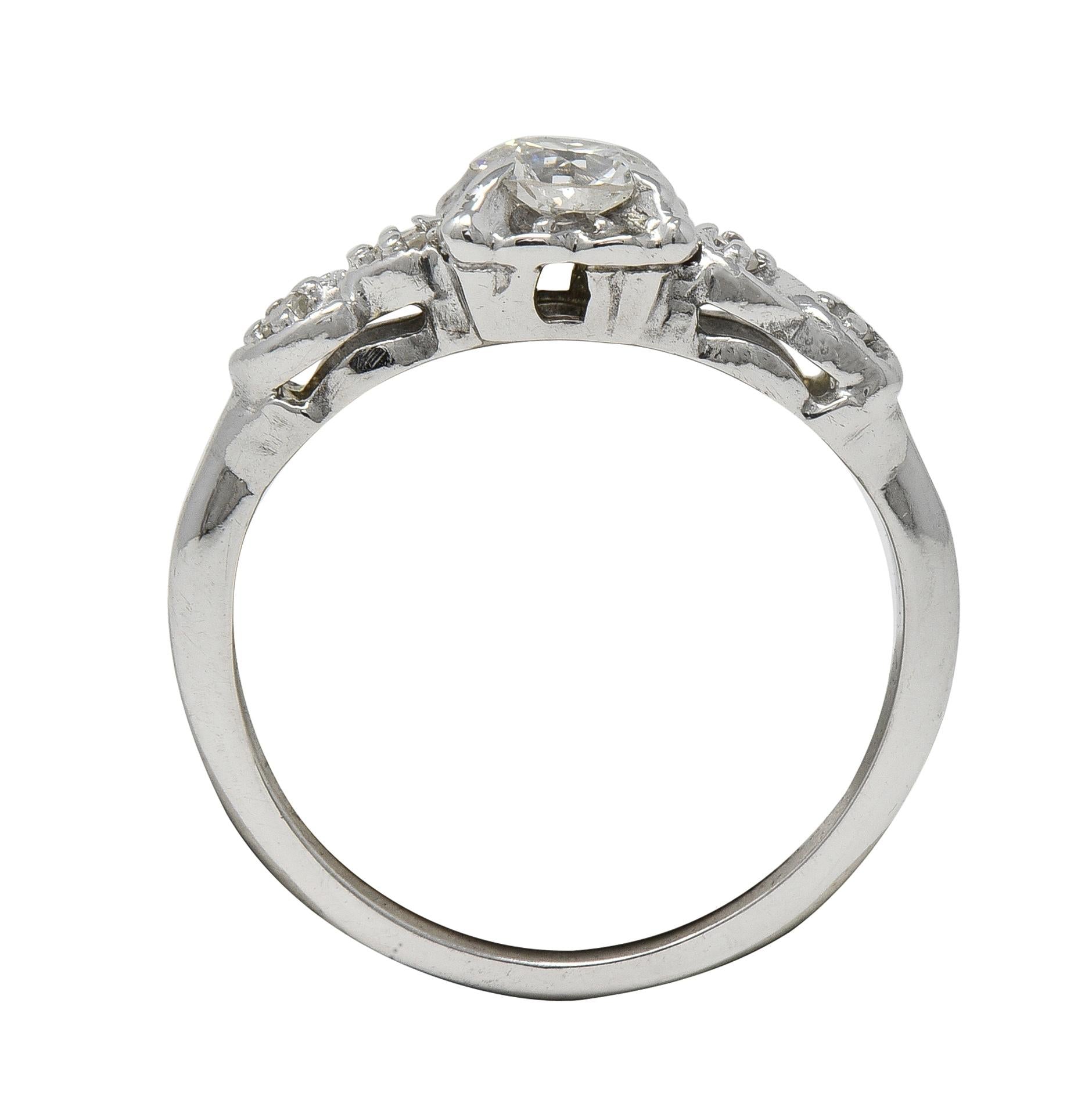 Retro 0.45 CTW Euro Diamond 14 Karat White Gold Vintage Foliate Engagement Ring