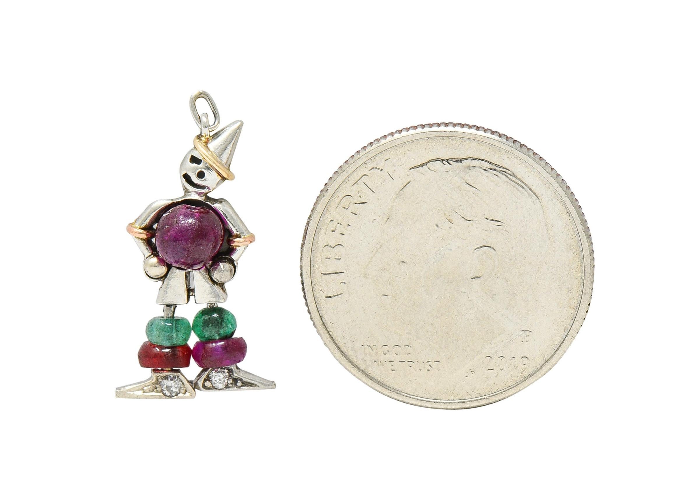 Art Deco Ruby Emerald Diamond Platinum 14 Karat Gold Vintage Clown Charm