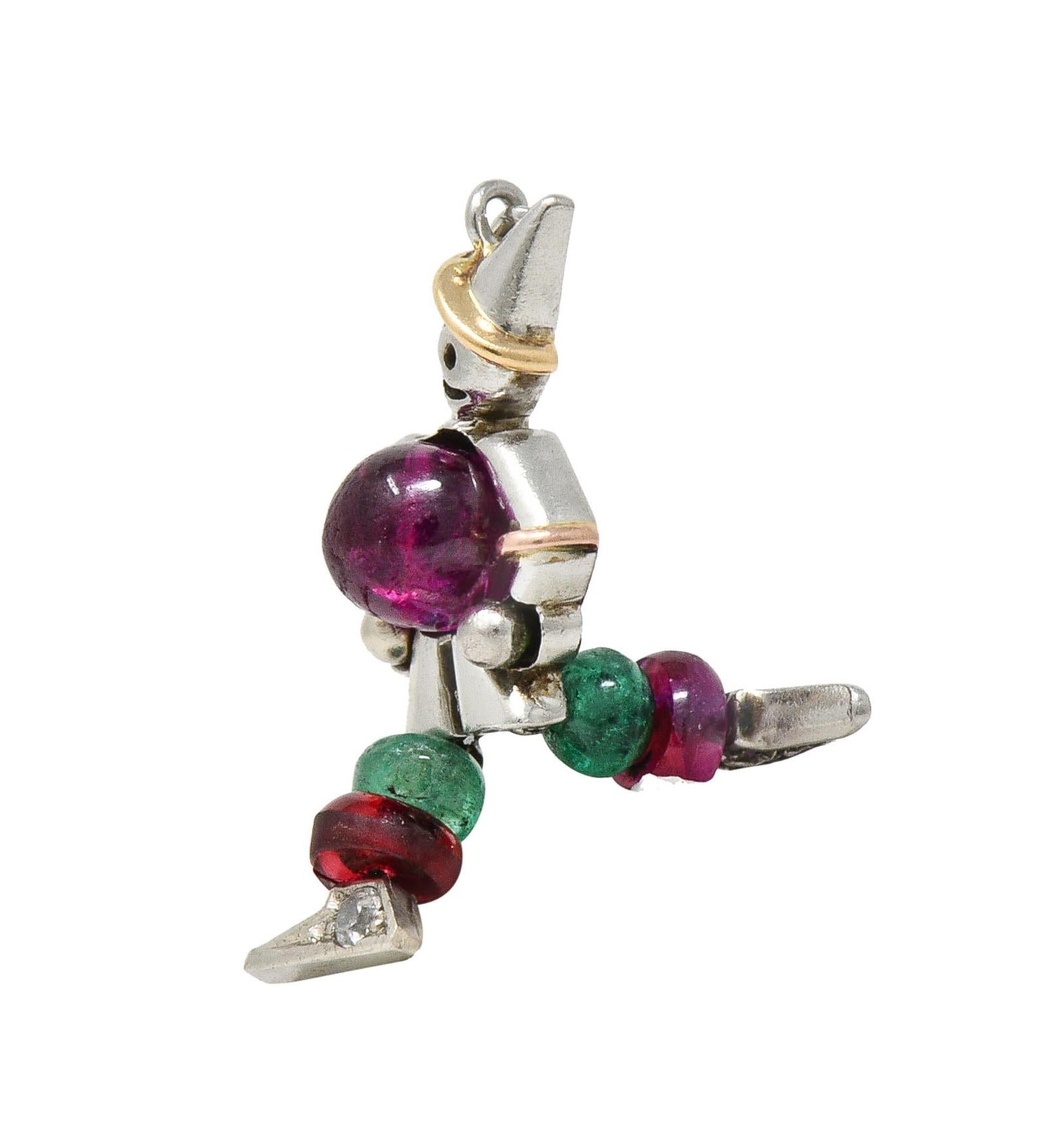 Art Deco Ruby Emerald Diamond Platinum 14 Karat Gold Vintage Clown Charm