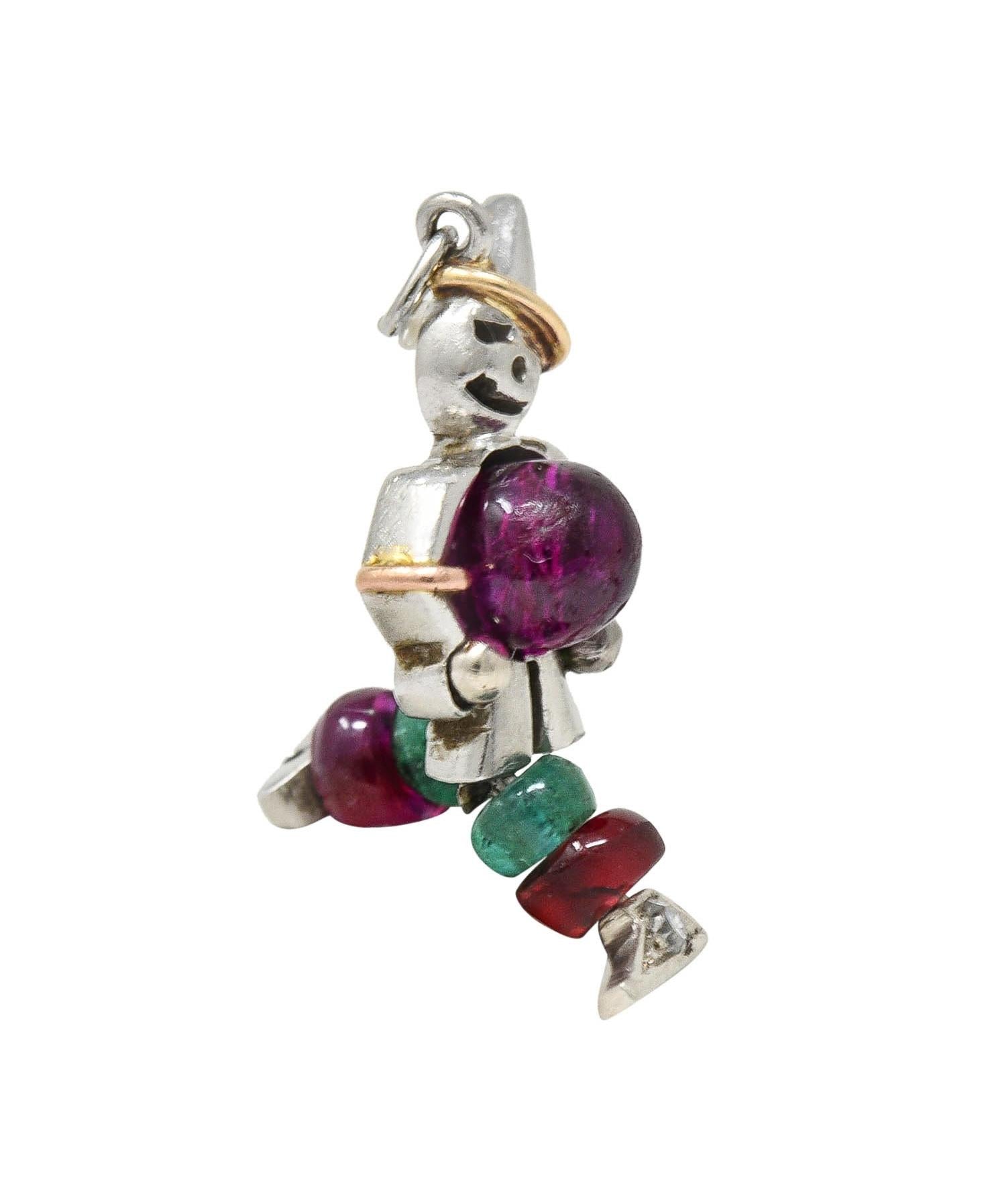 Art Deco Ruby Emerald Diamond Platinum 14 Karat Gold Vintage Clown Charm