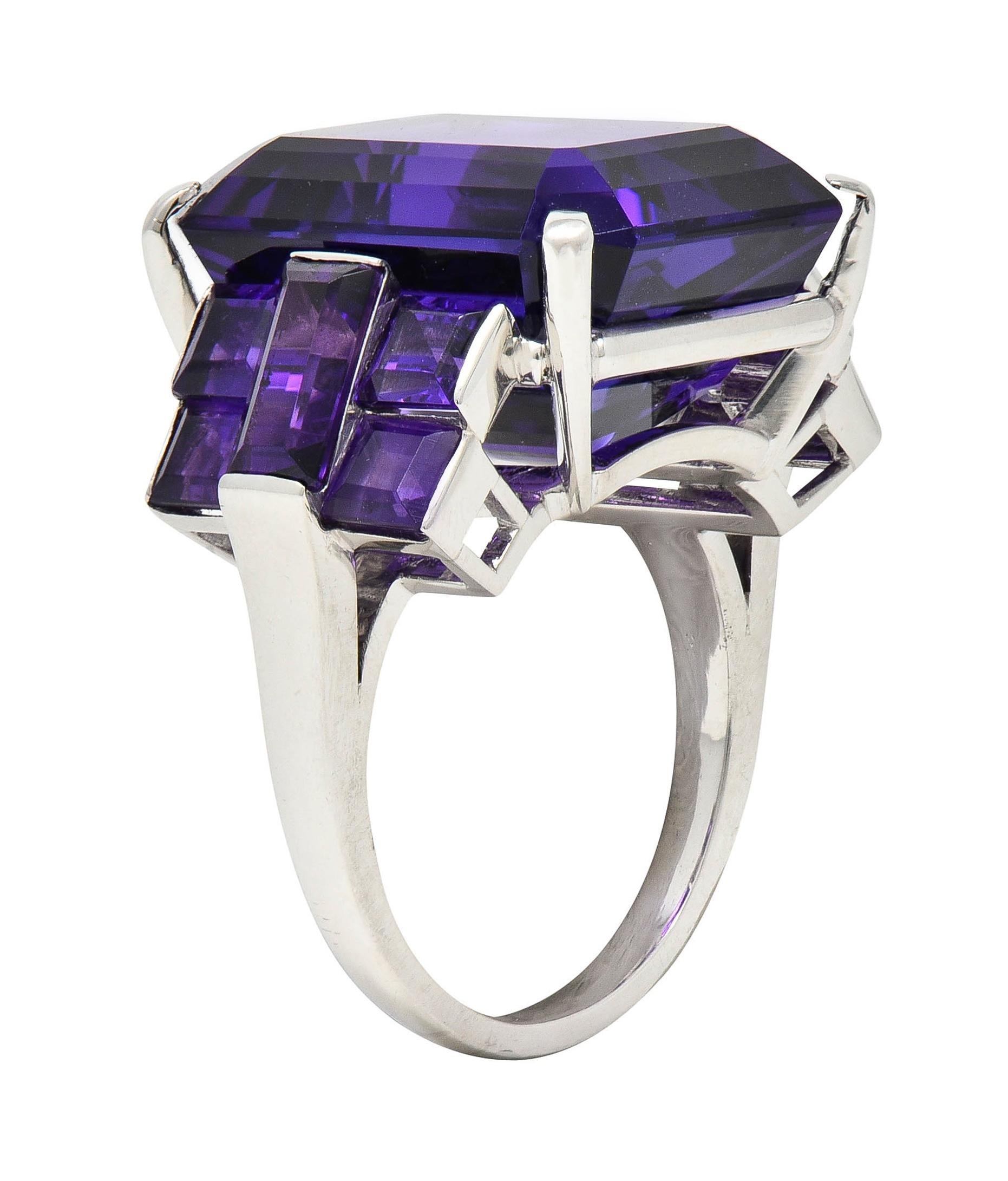 Mid-Century 22.92 CTW Amethyst Platinum Vintage Stepped Cocktail Ring