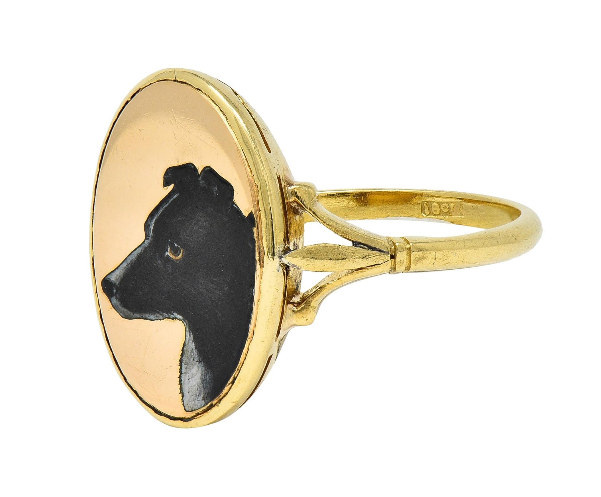 Victorian Enamel 18 Karat Yellow Gold Border Collie Dog Antique Signet Ring