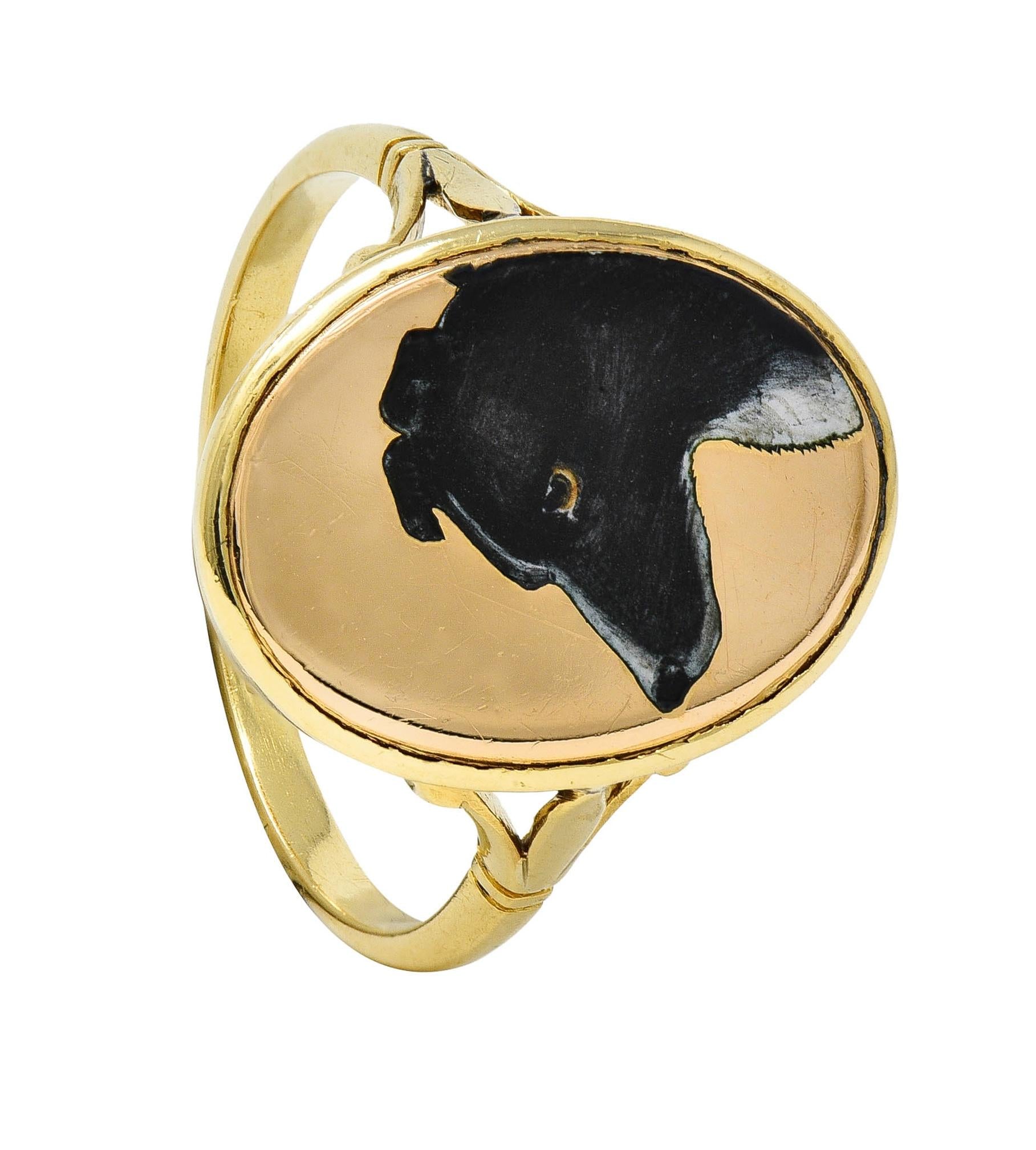 Victorian Enamel 18 Karat Yellow Gold Border Collie Dog Antique Signet Ring