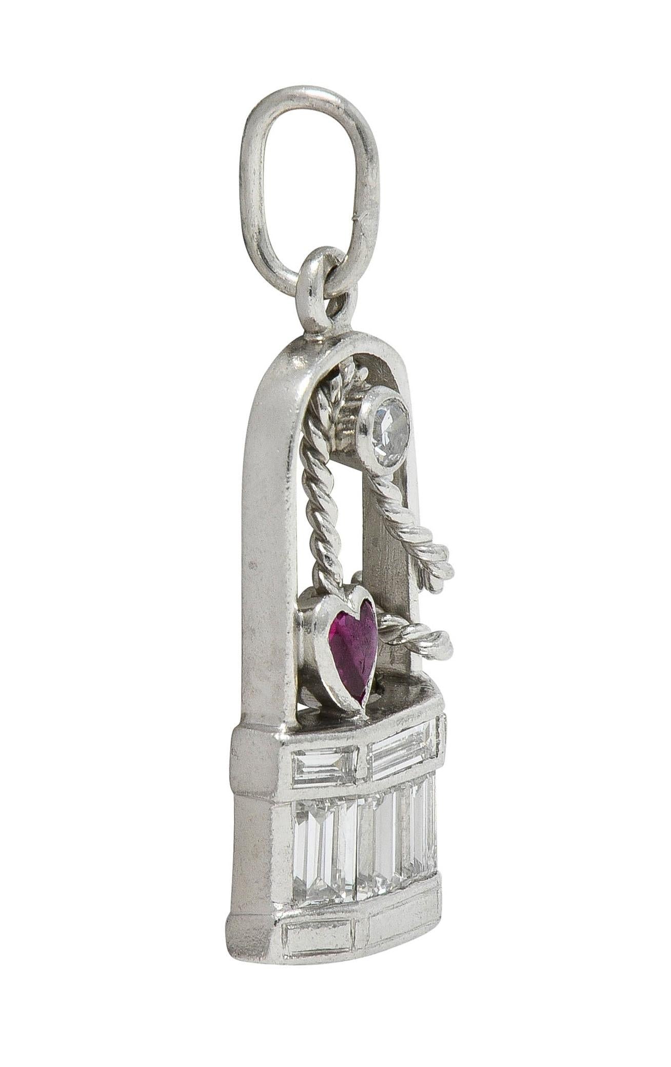 Art Deco Ruby Diamond Platinum Vintage Wishing Well Heart Charm