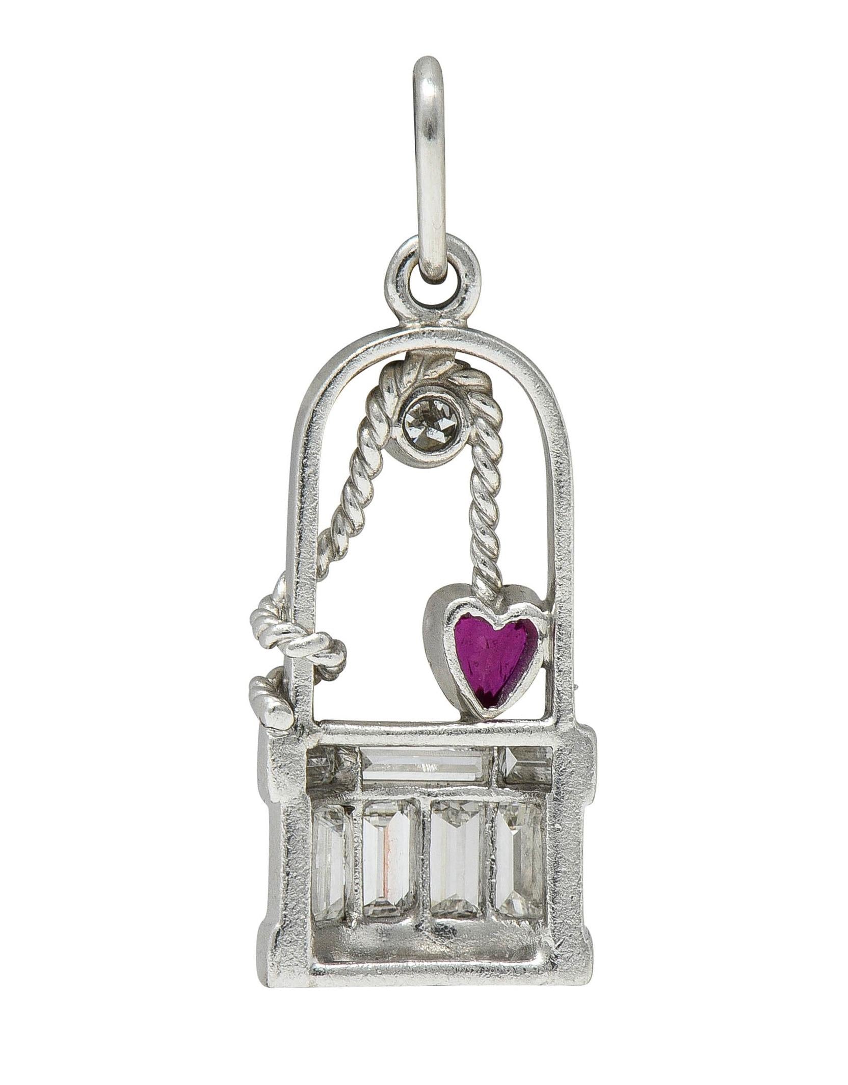 Art Deco Ruby Diamond Platinum Vintage Wishing Well Heart Charm