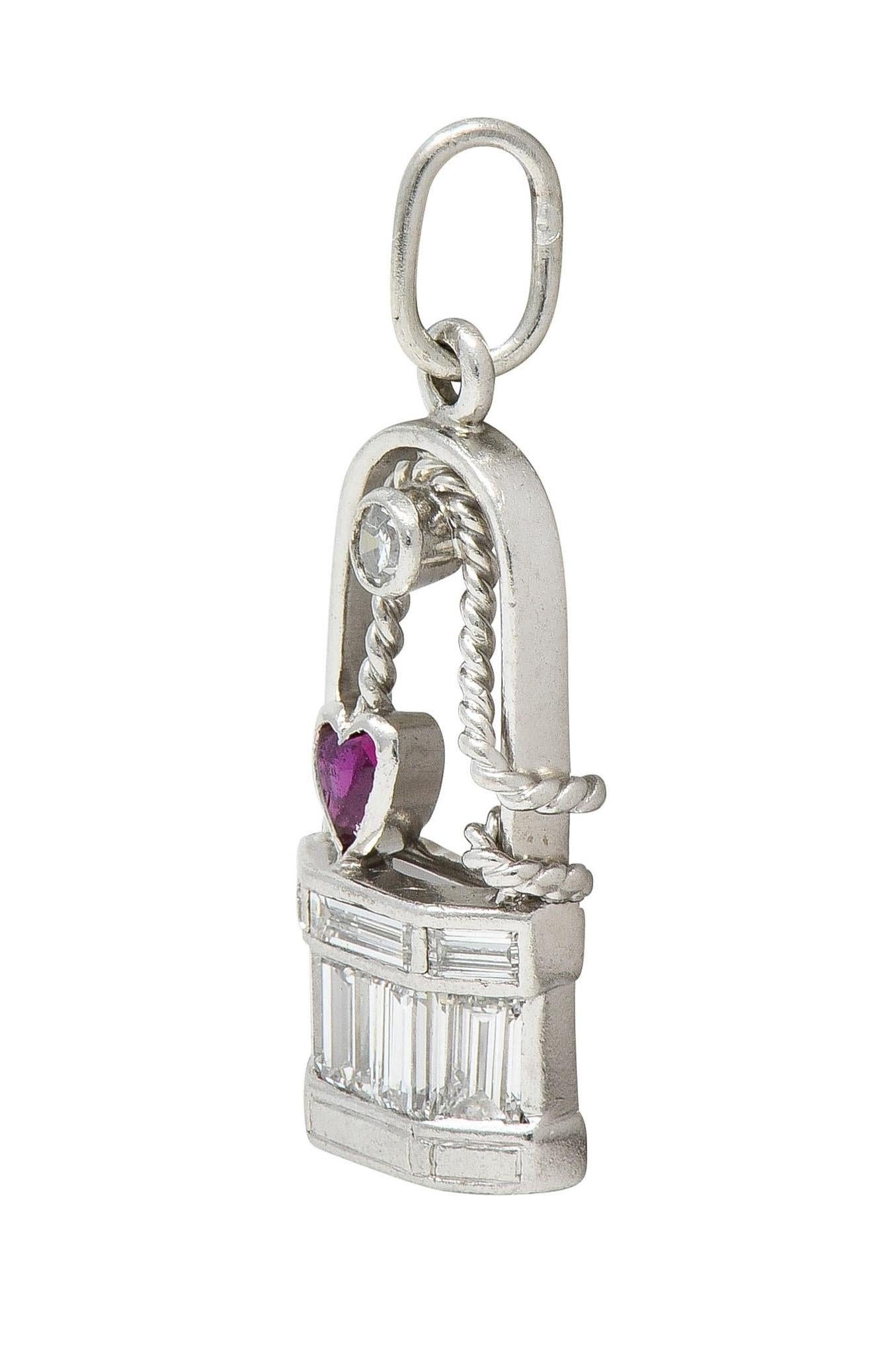 Art Deco Ruby Diamond Platinum Vintage Wishing Well Heart Charm