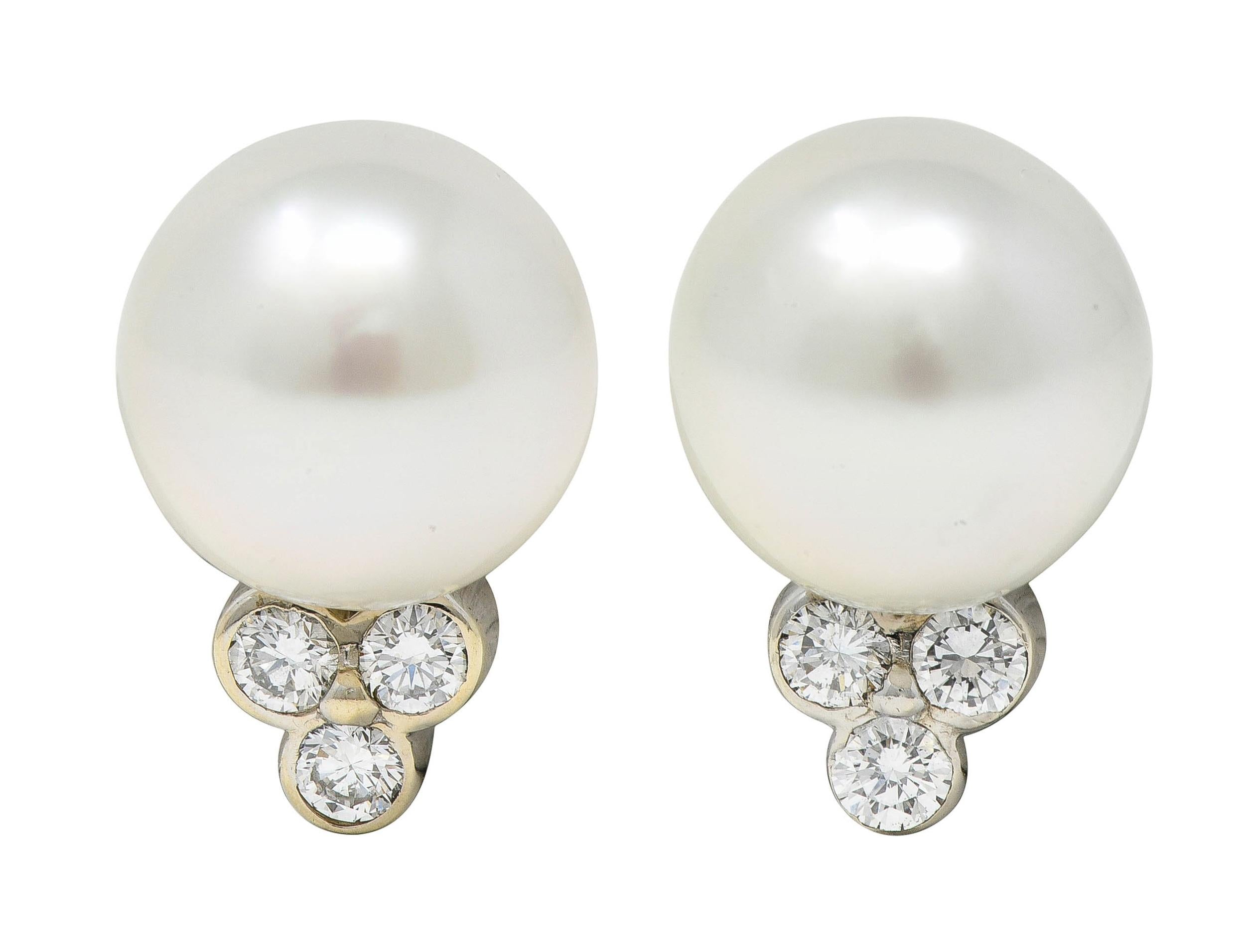 Charles Turi 2000's Pearl Diamond 18 Karat White Gold Cluster Stud Earrings