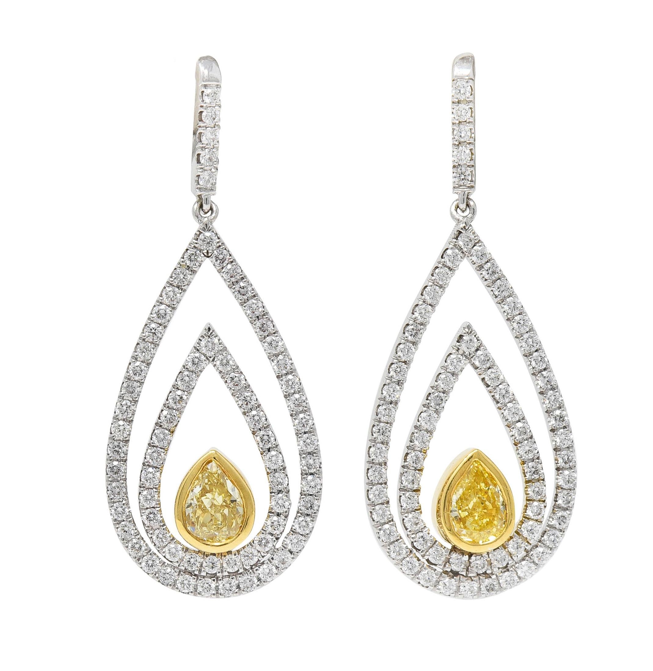 2.04 CTW Fancy Yellow Pear Cut Diamond 18 Karat Two-Tone Gold Drop Earrings