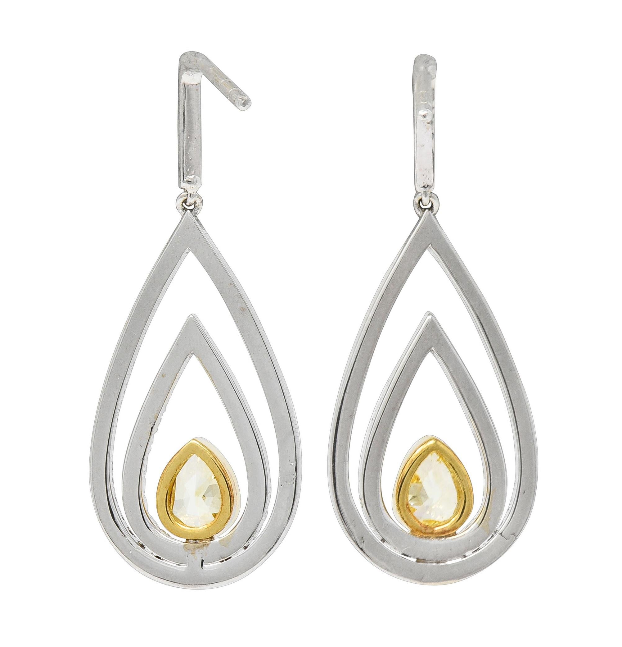 2.04 CTW Fancy Yellow Pear Cut Diamond 18 Karat Two-Tone Gold Drop Earrings