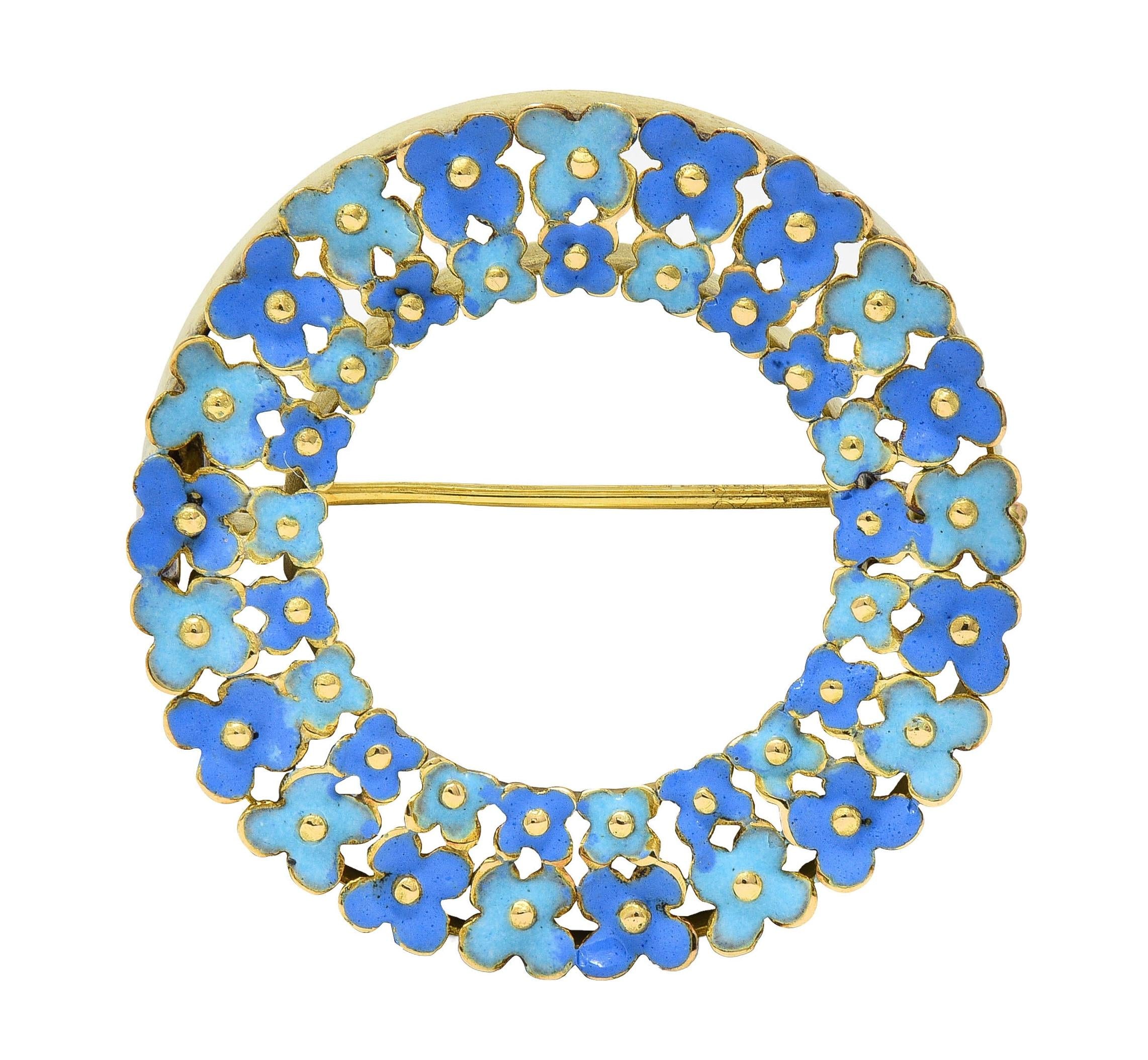 Art Nouveau Enamel 14 Karat Gold Forget-Me-Not Antique Wreath Circle Brooch