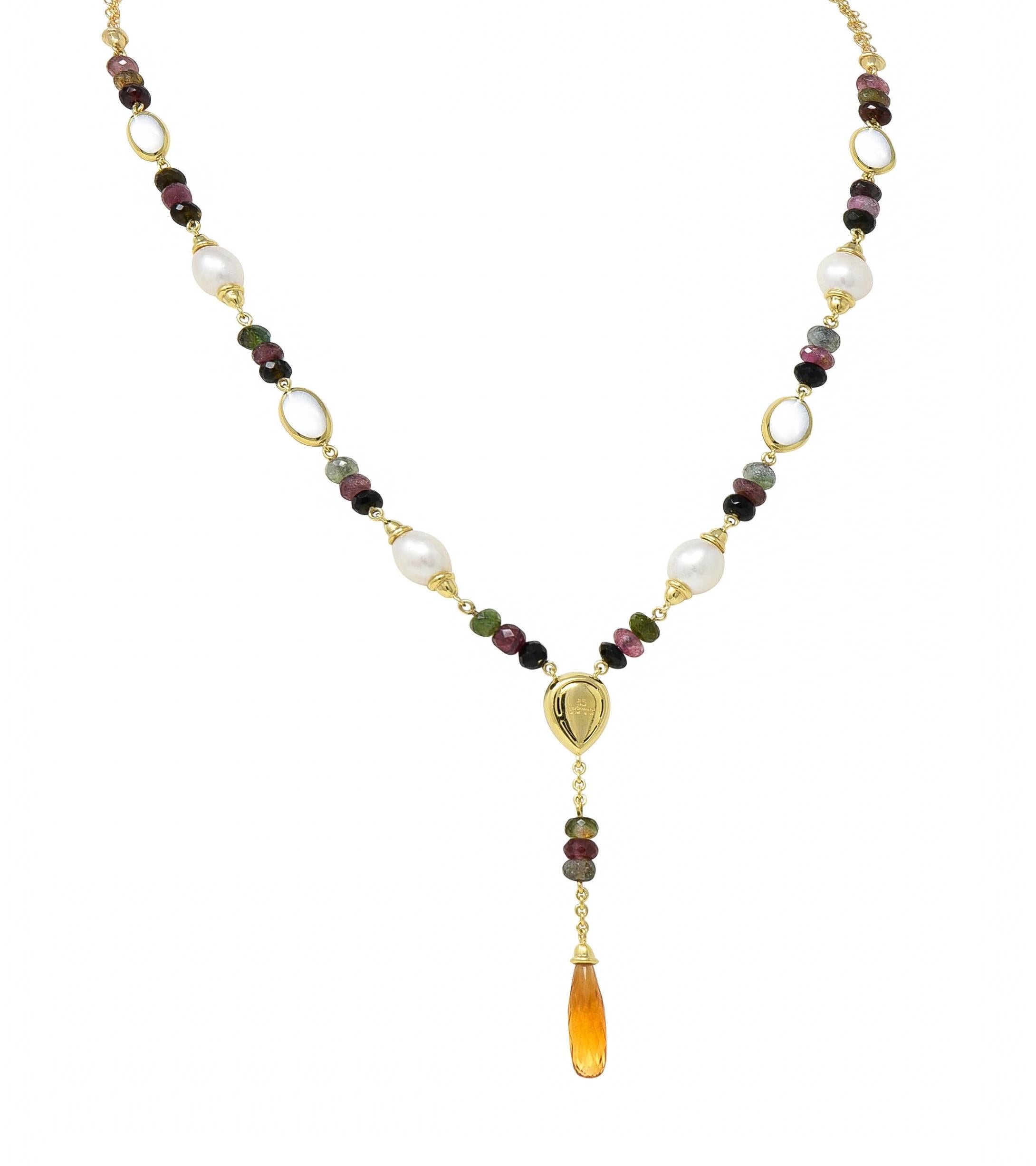 Asch Grossbardt 2000 Pearl Citrine Multi-Gem Inlay 14K Gold Lariat Drop Necklace