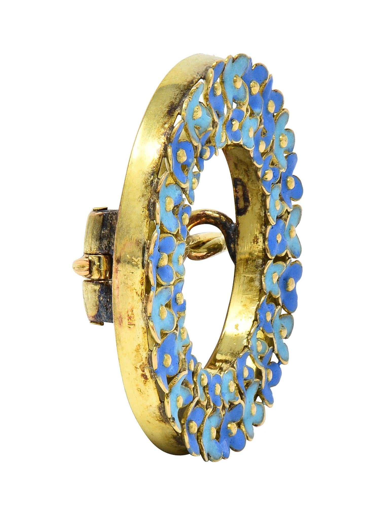 Art Nouveau Enamel 14 Karat Gold Forget-Me-Not Antique Wreath Circle Brooch