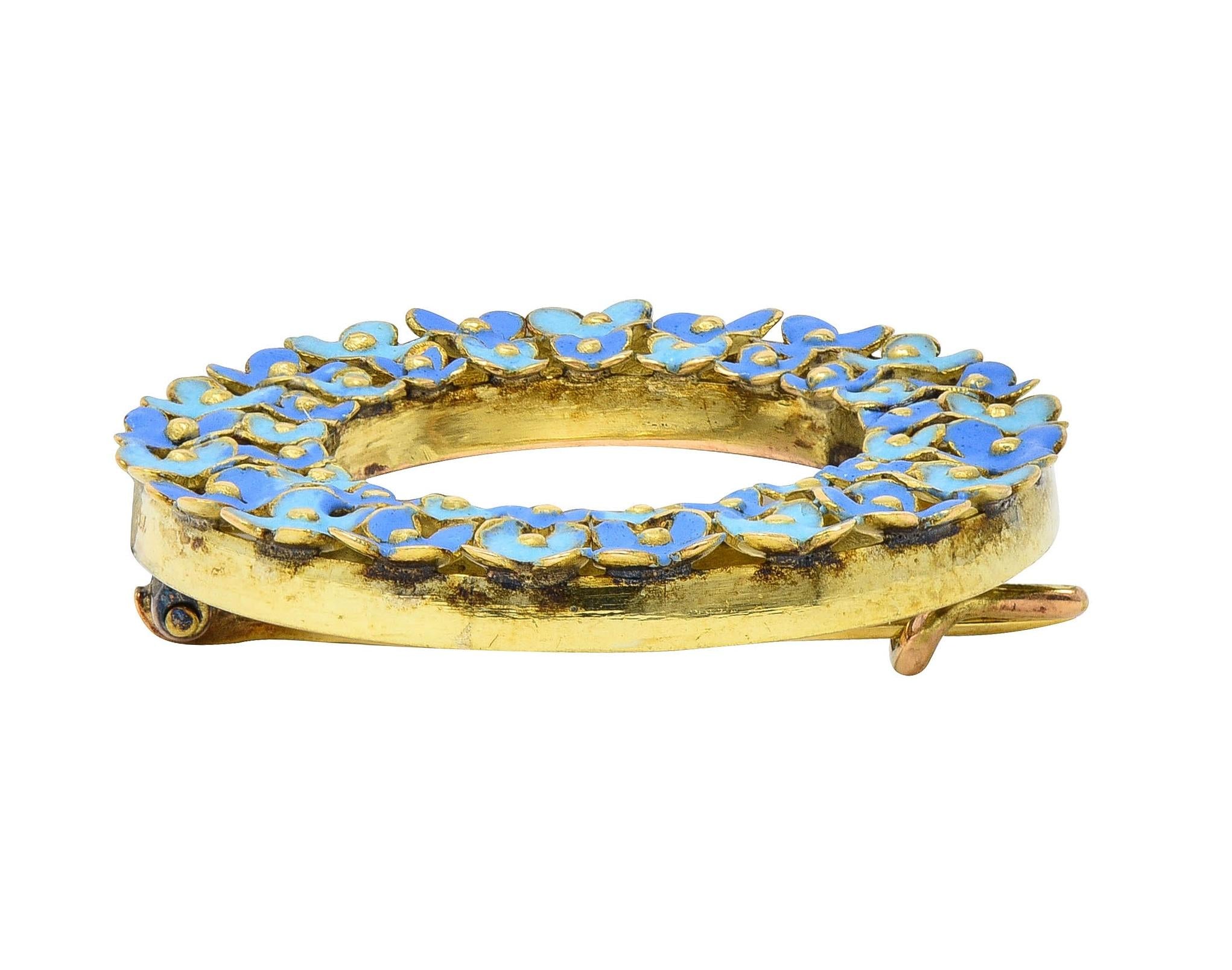 Art Nouveau Enamel 14 Karat Gold Forget-Me-Not Antique Wreath Circle Brooch