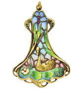 Art Nouveau Plique-A-Jour Enamel 14 Karat Gold Antique Swan Pendant Necklace