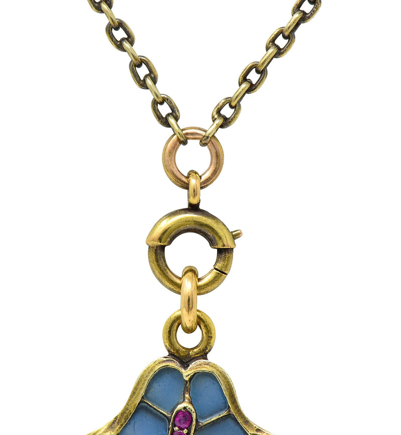 Art Nouveau Plique-A-Jour Enamel 14 Karat Gold Antique Swan Pendant Necklace