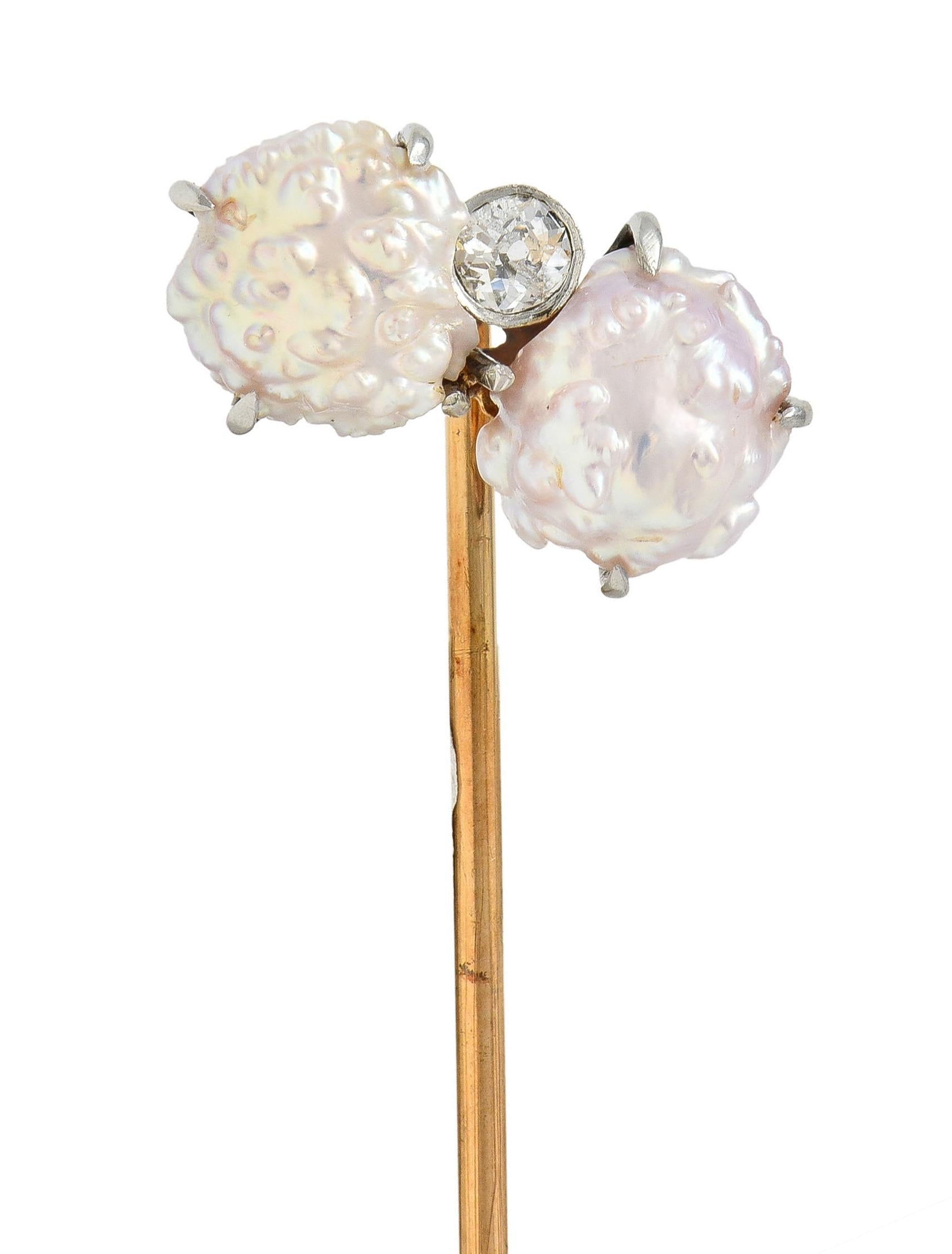 Edwardian Baroque Pearl Diamond Platinum 14 Karat Gold Antique Stickpin