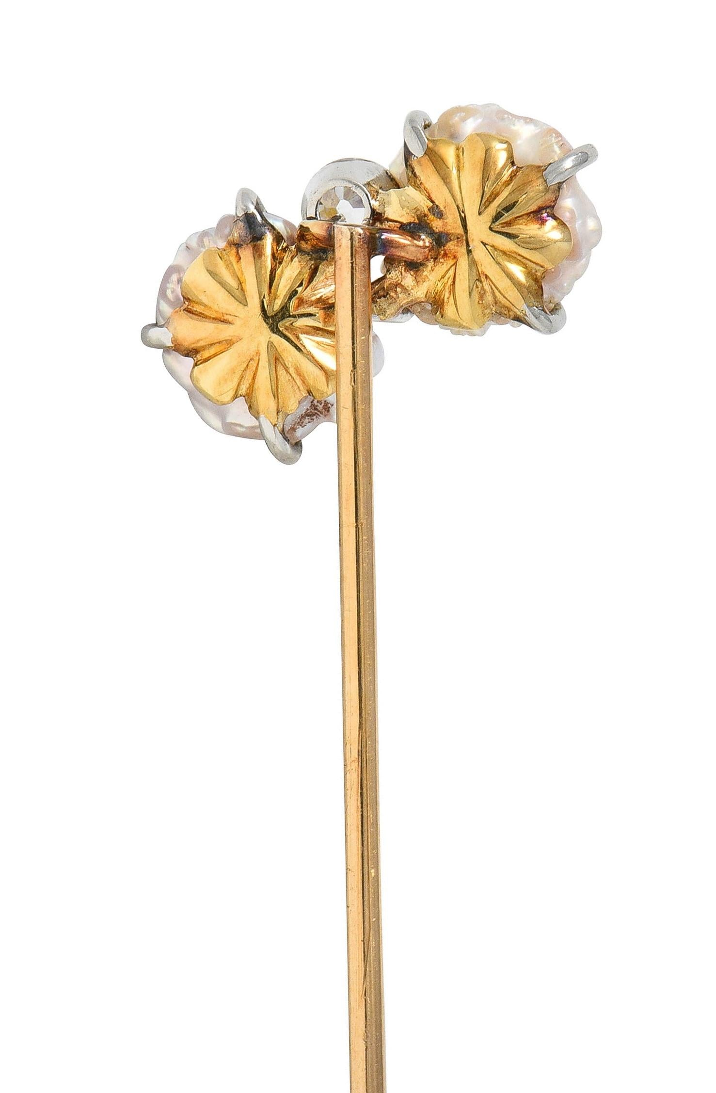 Edwardian Baroque Pearl Diamond Platinum 14 Karat Gold Antique Stickpin