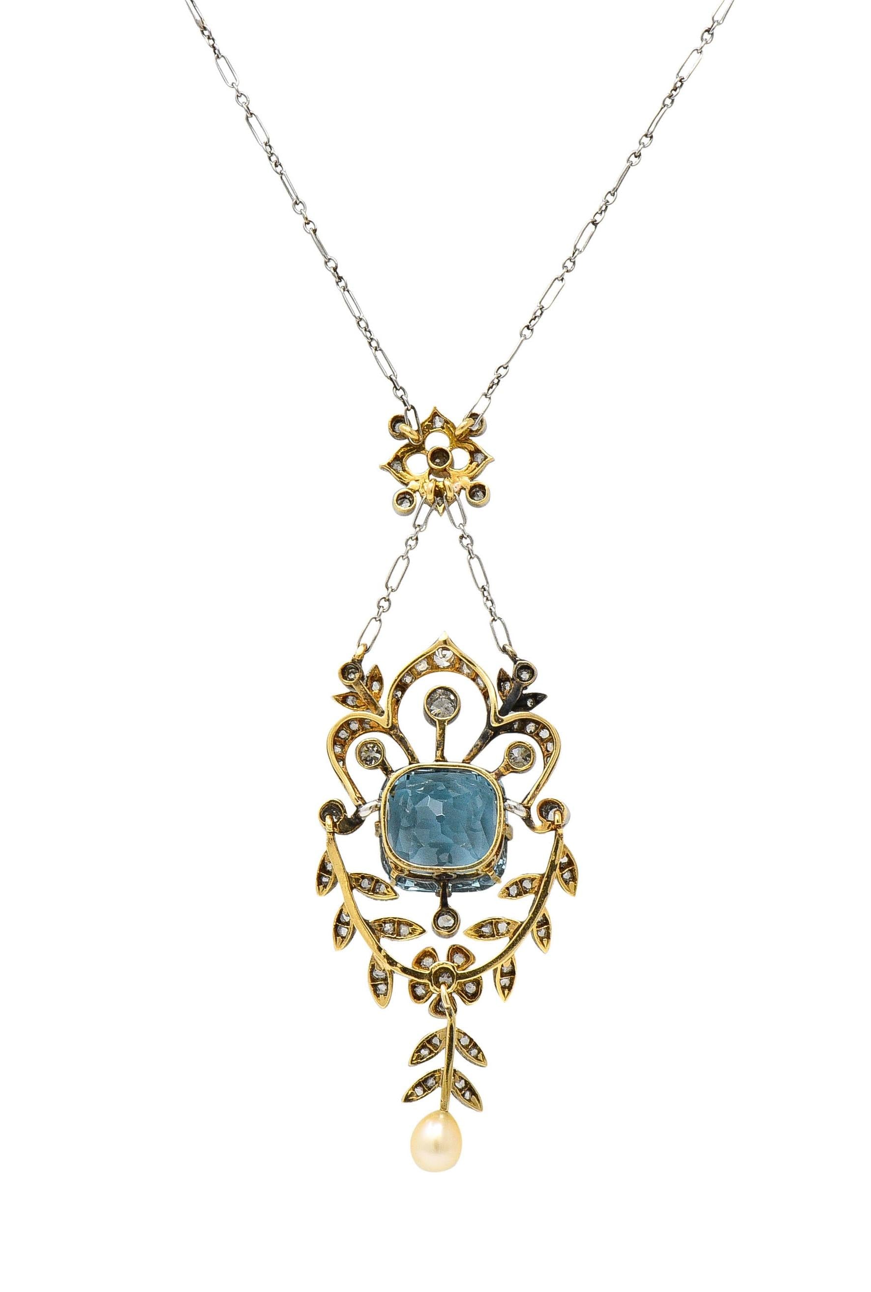 Edwardian 6.00 CTW Aquamarine Diamond Pearl Platinum 18K Gold Antique Necklace