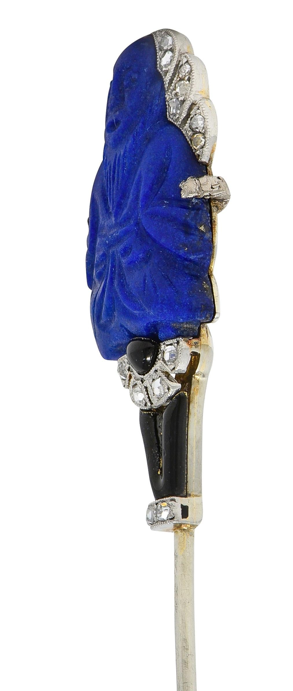 French Art Deco Lapis Diamond Enamel Platinum 18K Vintage Buddha Jabot Brooch