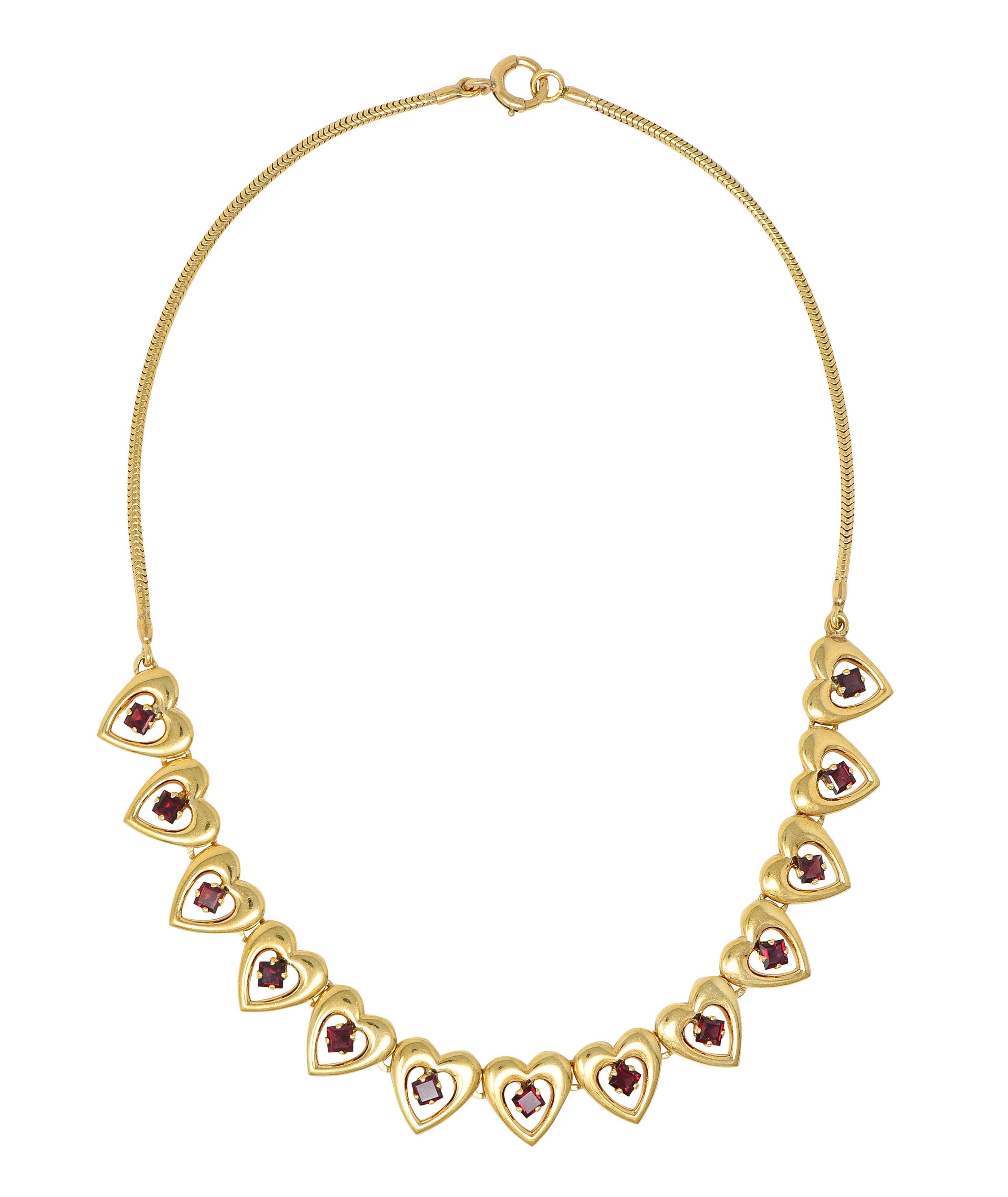 Tiffany & Co. Retro 1940's Garnet 14 Karat Yellow Gold Vintage Heart Necklace