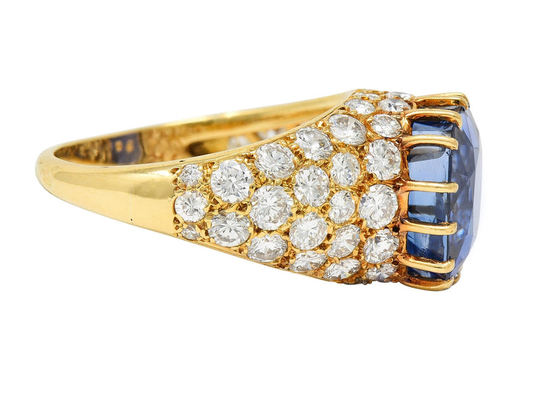 Van Cleef & Arpels French 1980s 12.05 CTW No Heat Ceylon Sapphire Diamond 18 Karat Yellow Gold Ring AGL Wilson's Estate Jewelry