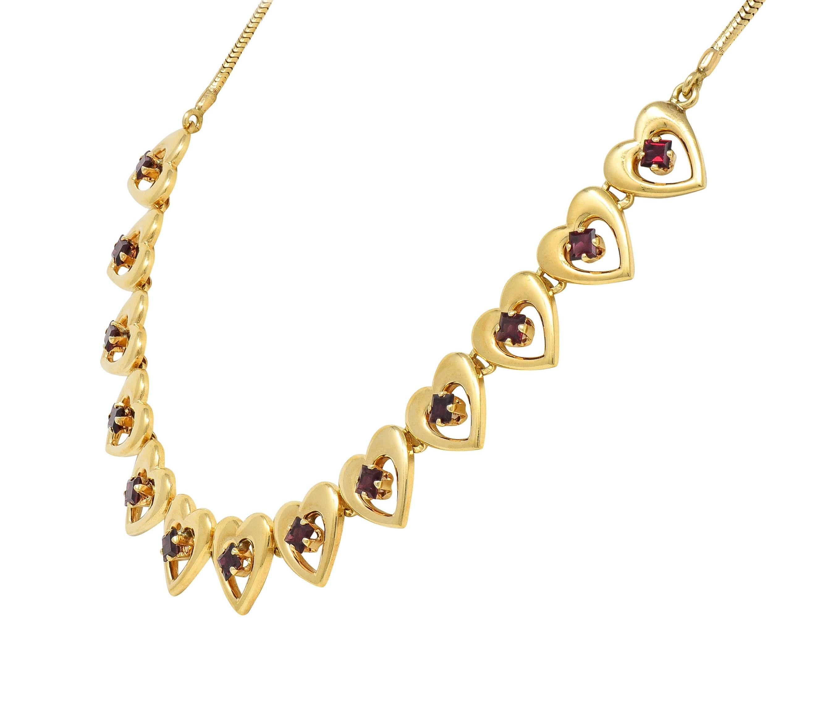 Tiffany & Co. Retro 1940's Garnet 14 Karat Yellow Gold Vintage Heart Necklace