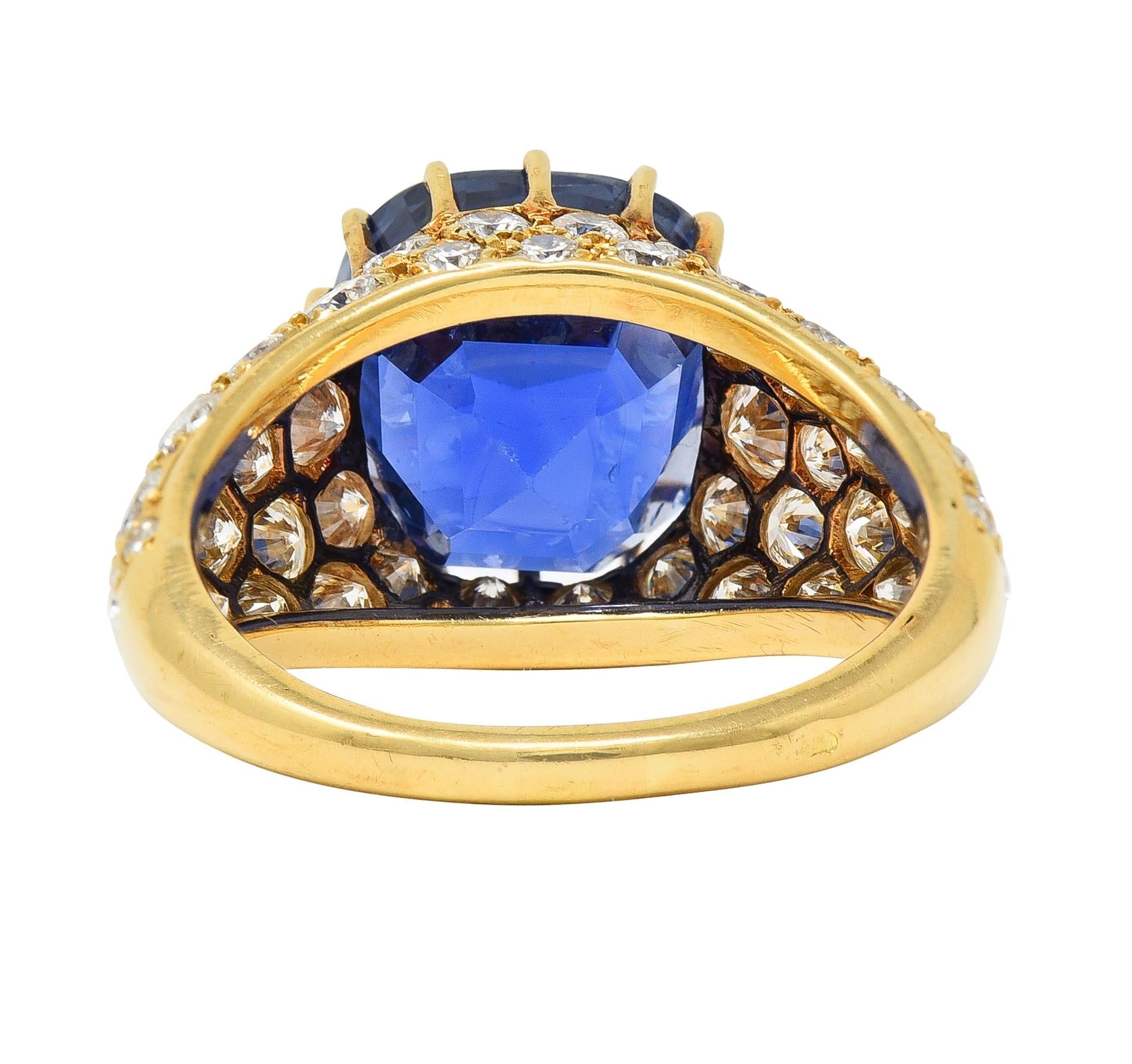 Van Cleef & Arpels French 1980s 12.05 CTW No Heat Ceylon Sapphire Diamond 18 Karat Yellow Gold Ring AGL Wilson's Estate Jewelry