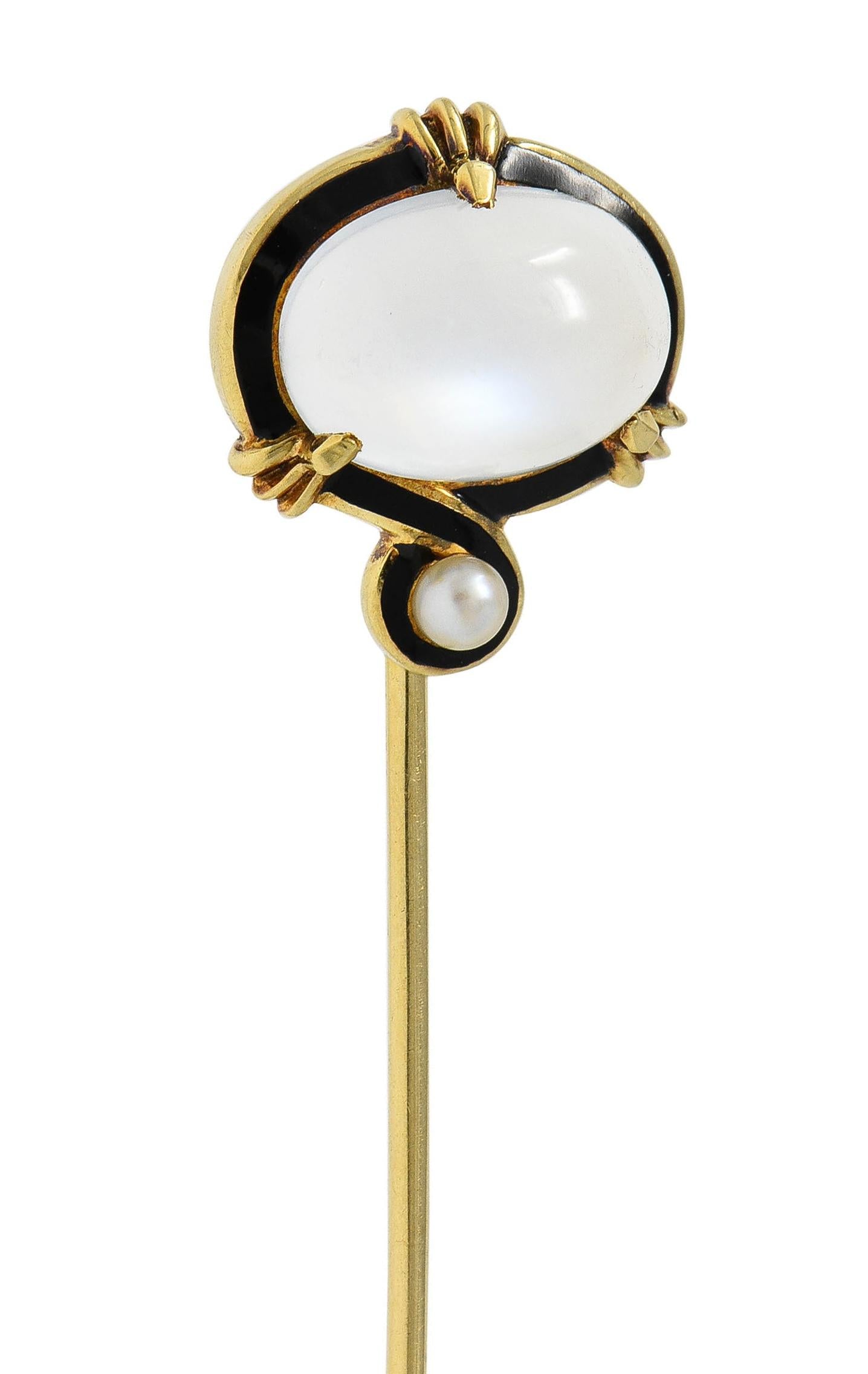 Victorian Moonstone Pearl Enamel 18 Karat Gold Antique Stickpin