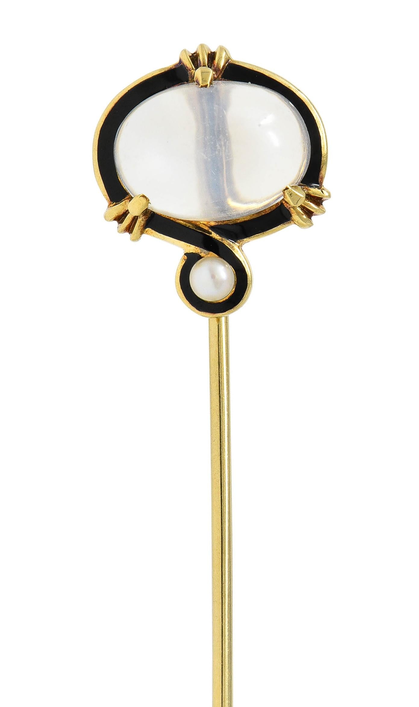 Victorian Moonstone Pearl Enamel 18 Karat Gold Antique Stickpin