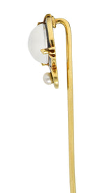 Victorian Moonstone Pearl Enamel 18 Karat Gold Antique Stickpin