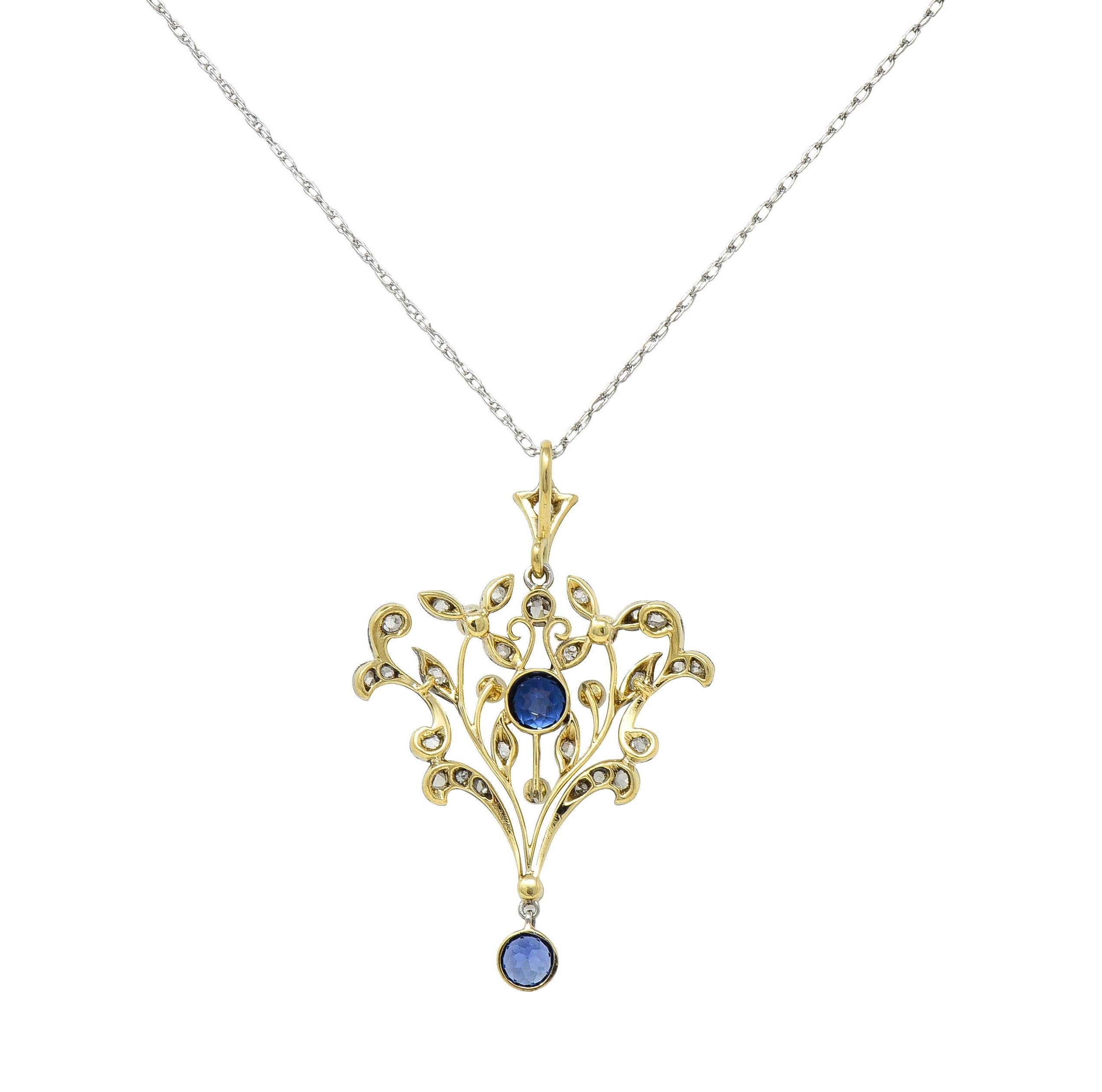 Edwardian 1.17 CTW Sapphire Diamond Platinum 14K Gold Antique Pendant Necklace