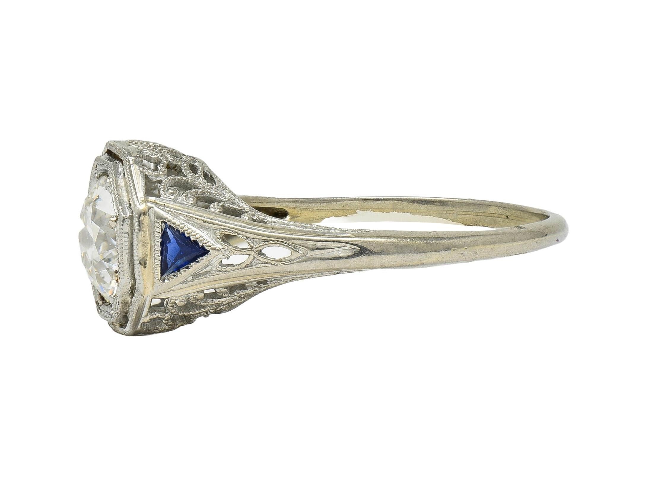 Art Deco 0.91 CTW OEC Diamond Sapphire 18 Karat Gold Vintage Engagement Ring GIA