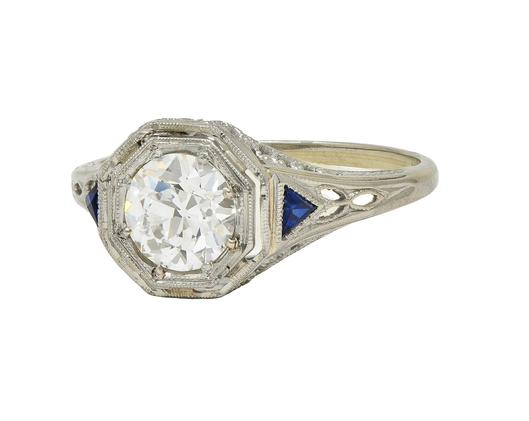 Art Deco 0.91 CTW OEC Diamond Sapphire 18 Karat Gold Vintage Engagement Ring GIA