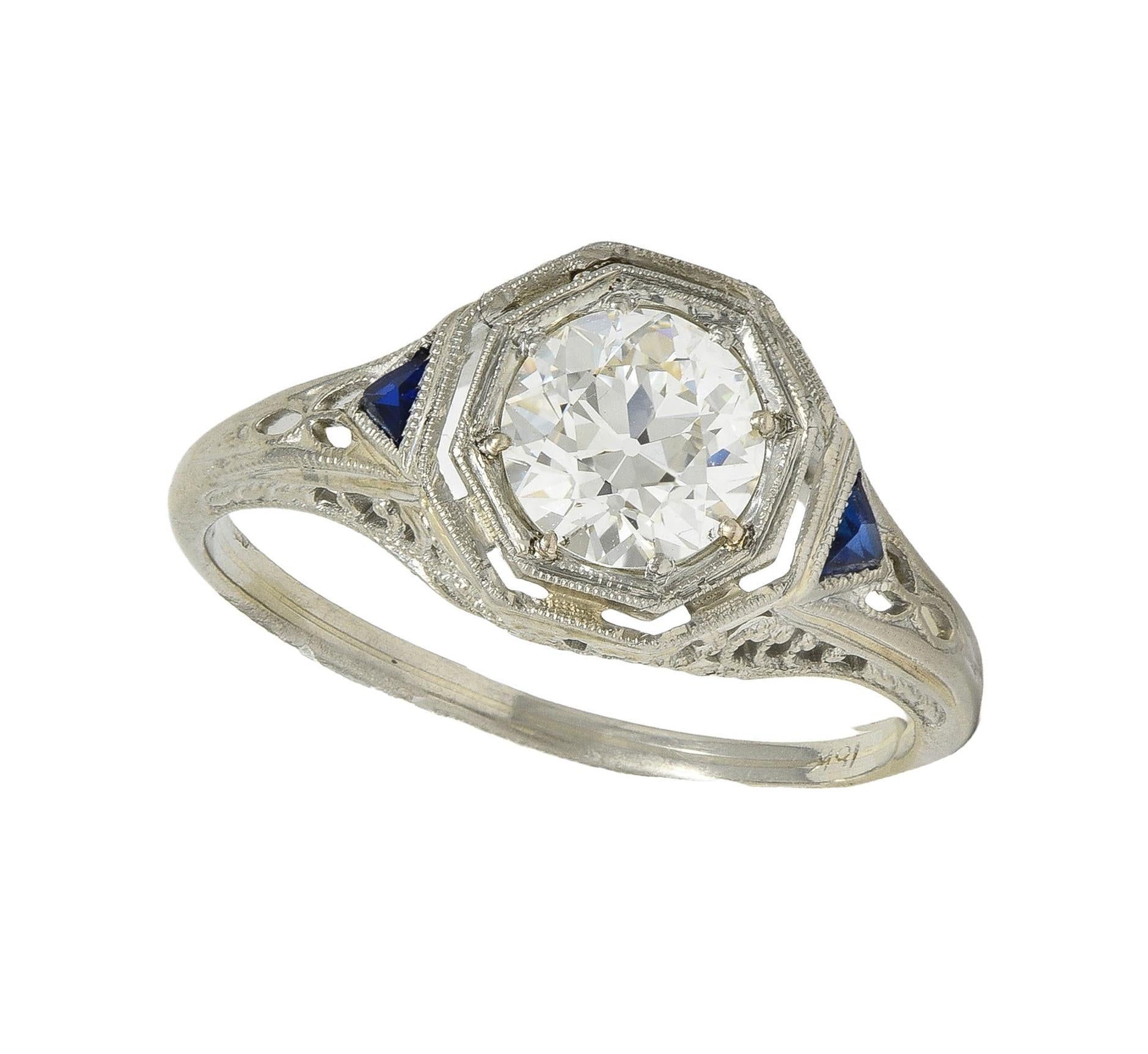 Art Deco 0.91 CTW OEC Diamond Sapphire 18 Karat Gold Vintage Engagement Ring GIA