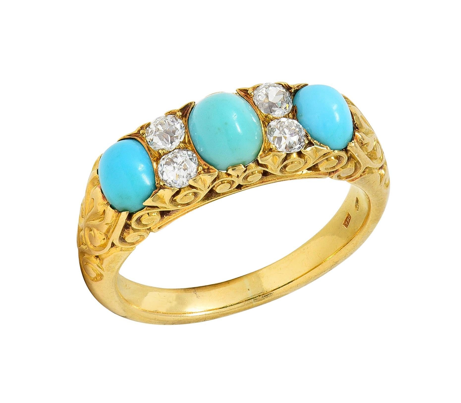 Victorian Diamond Turquoise 18 Karat Yellow Gold Scrolling Antique Band Ring