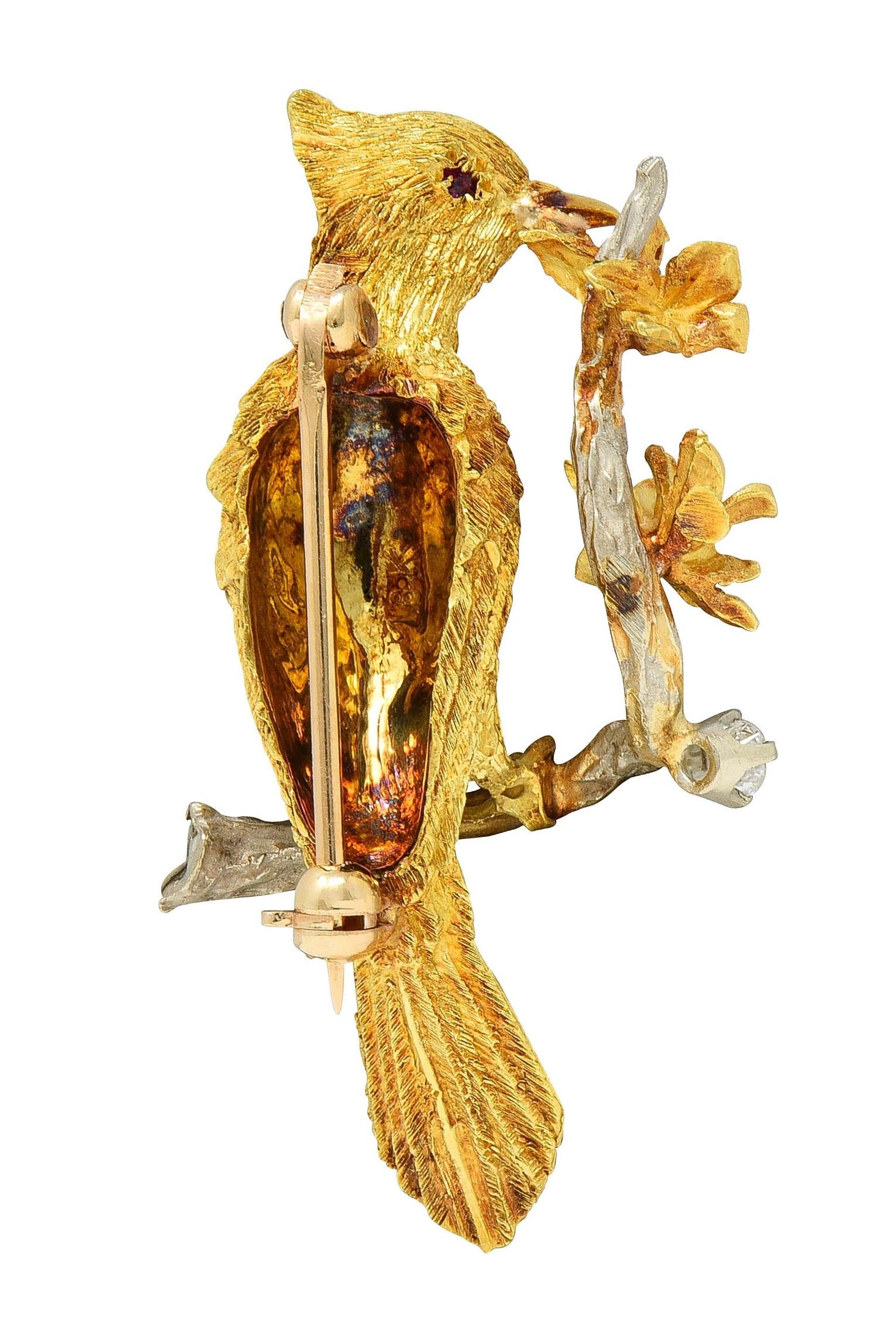 1960's Ruby Diamond 18 Karat Two-Tone Gold Vintage Bird on Branch Brooch