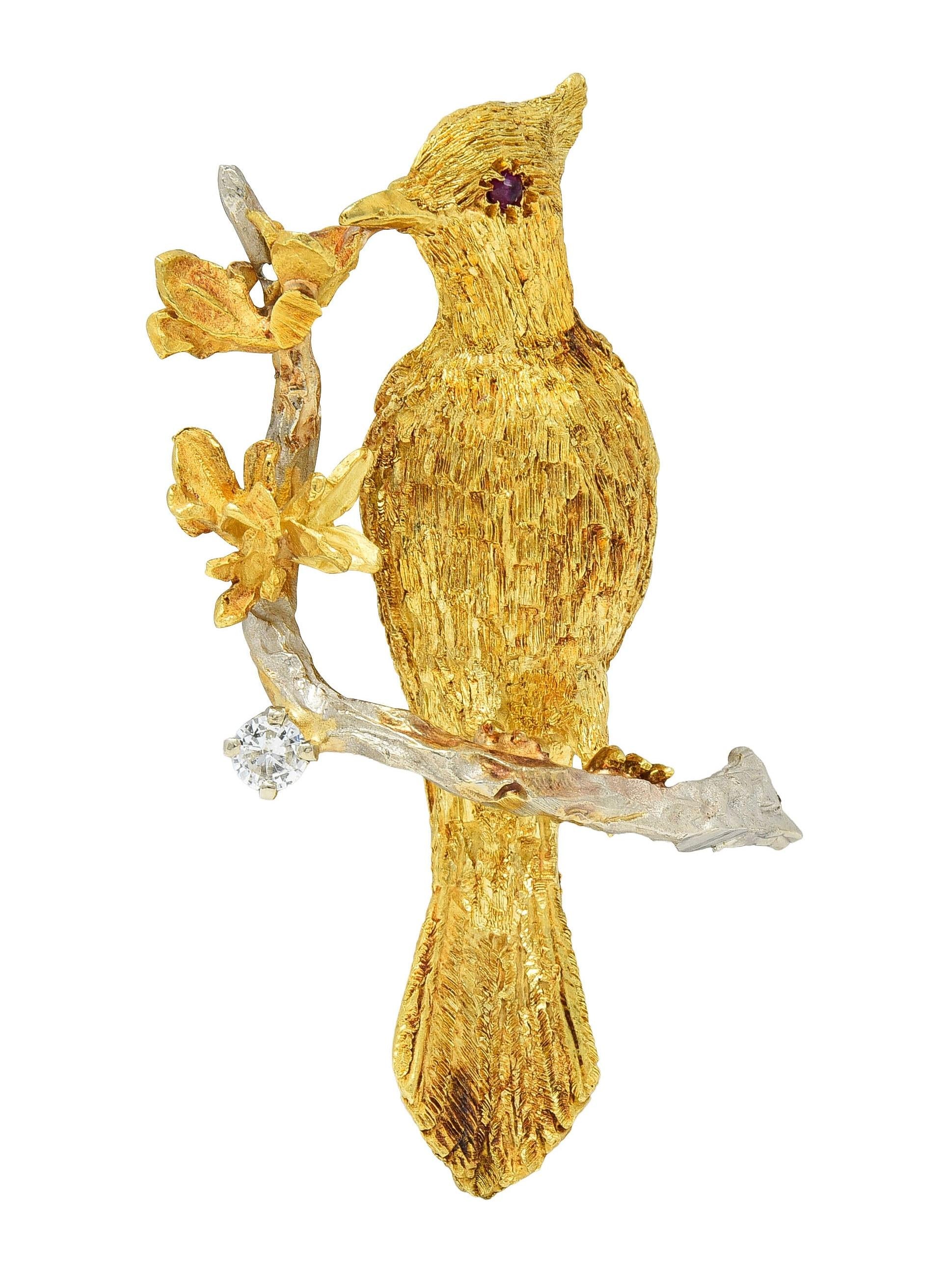 1960's Ruby Diamond 18 Karat Two-Tone Gold Vintage Bird on Branch Brooch