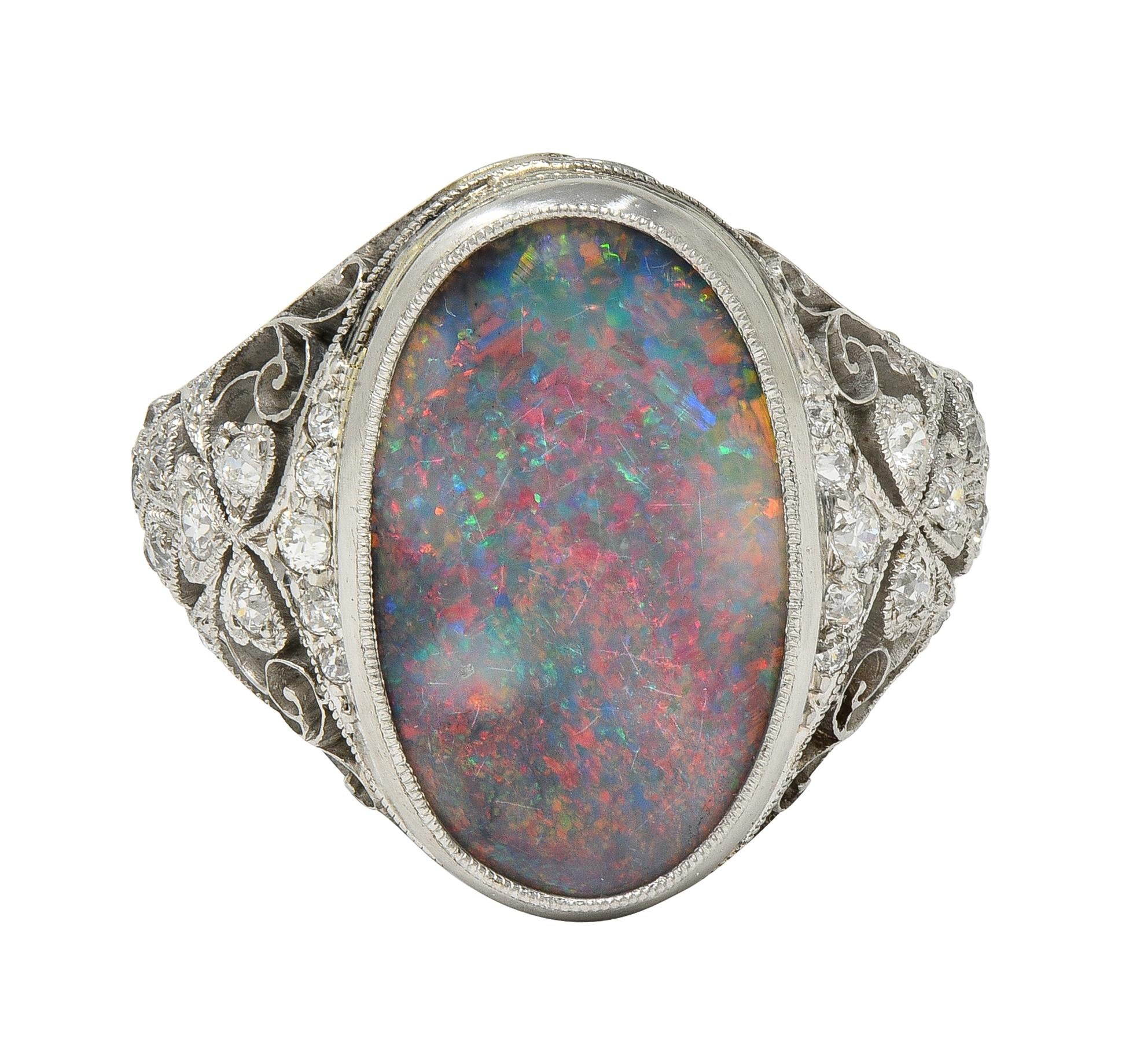 Edwardian Black Opal Diamond Platinum Antique Clover Dinner Ring
