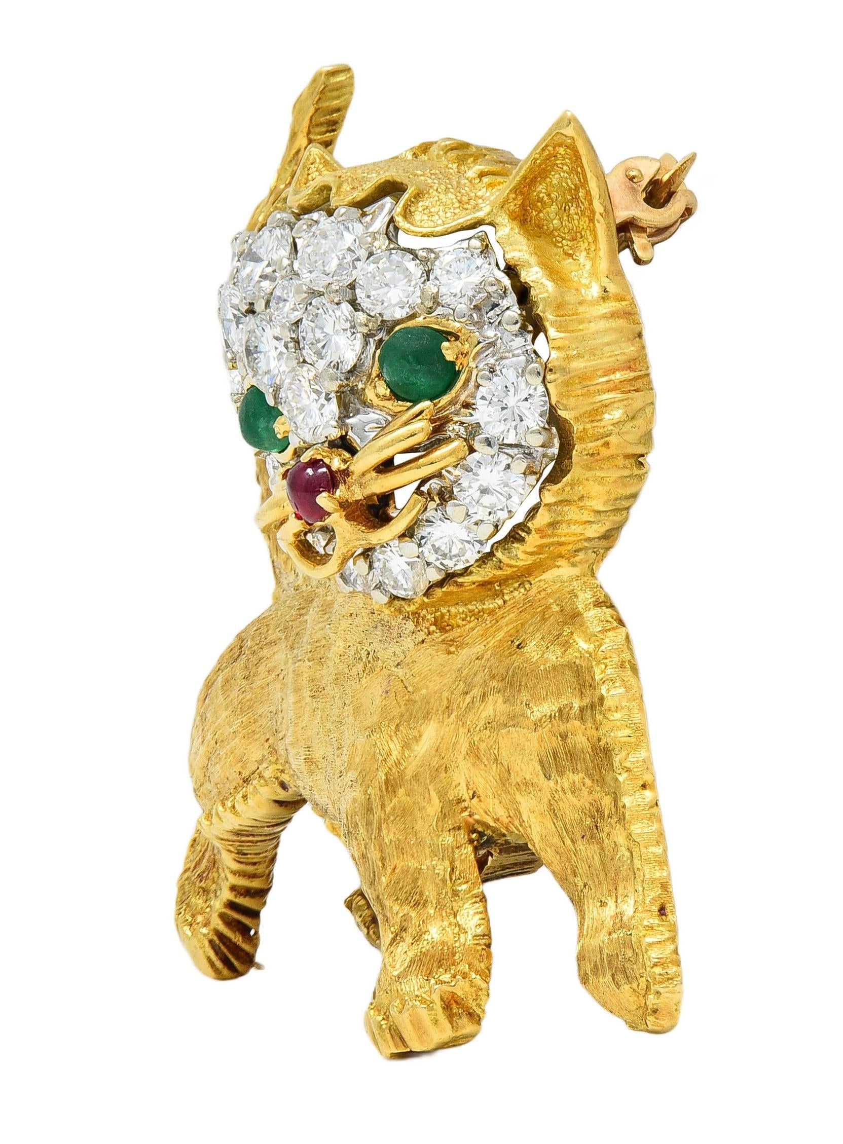 Vintage 1960's Emerald Ruby Diamond 18 Karat Two-Tone Gold Kitten Cat Brooch