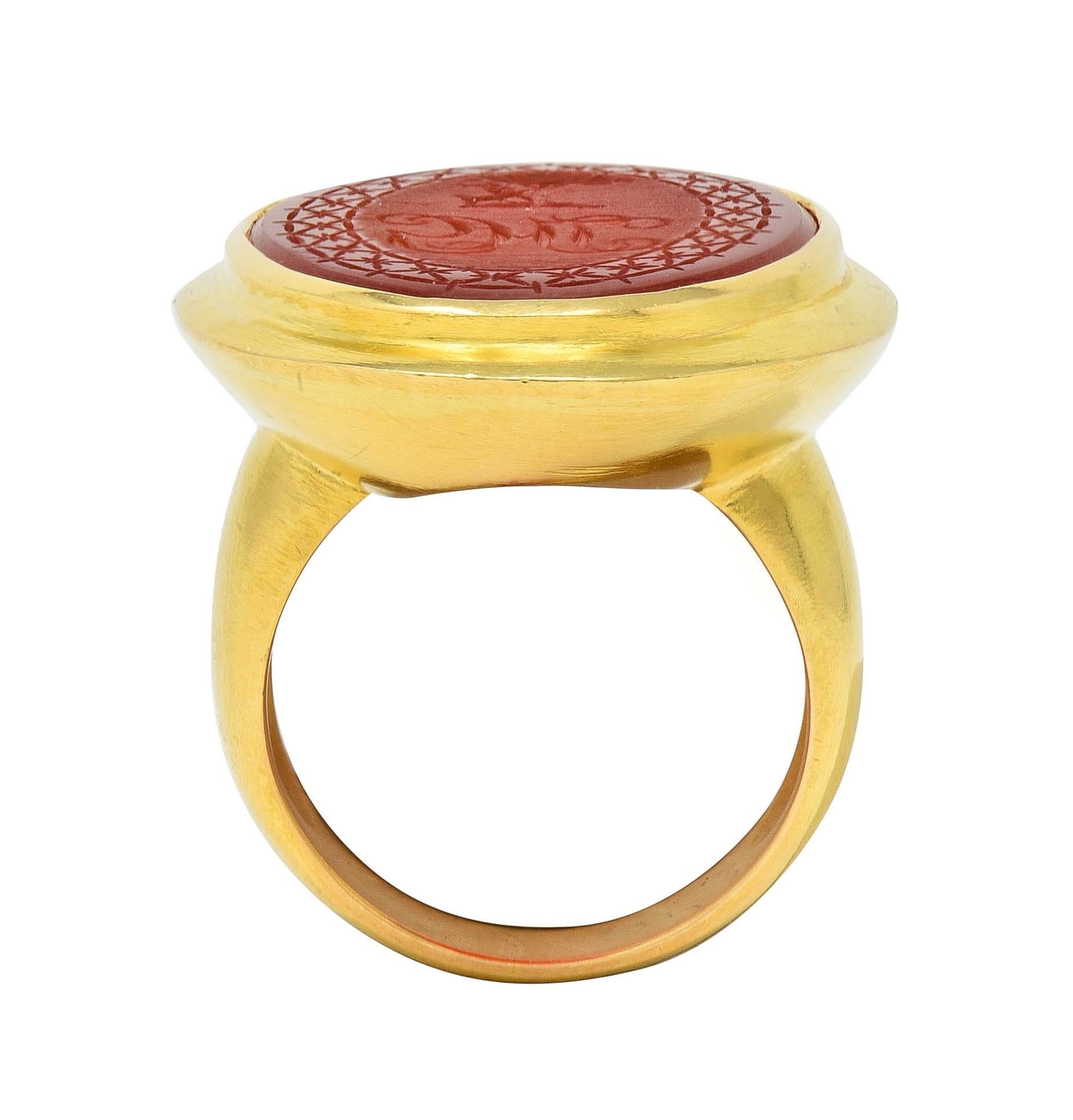 Victorian Carved Carnelian 18 Karat Yellow Gold Signet Antique Intaglio Ring