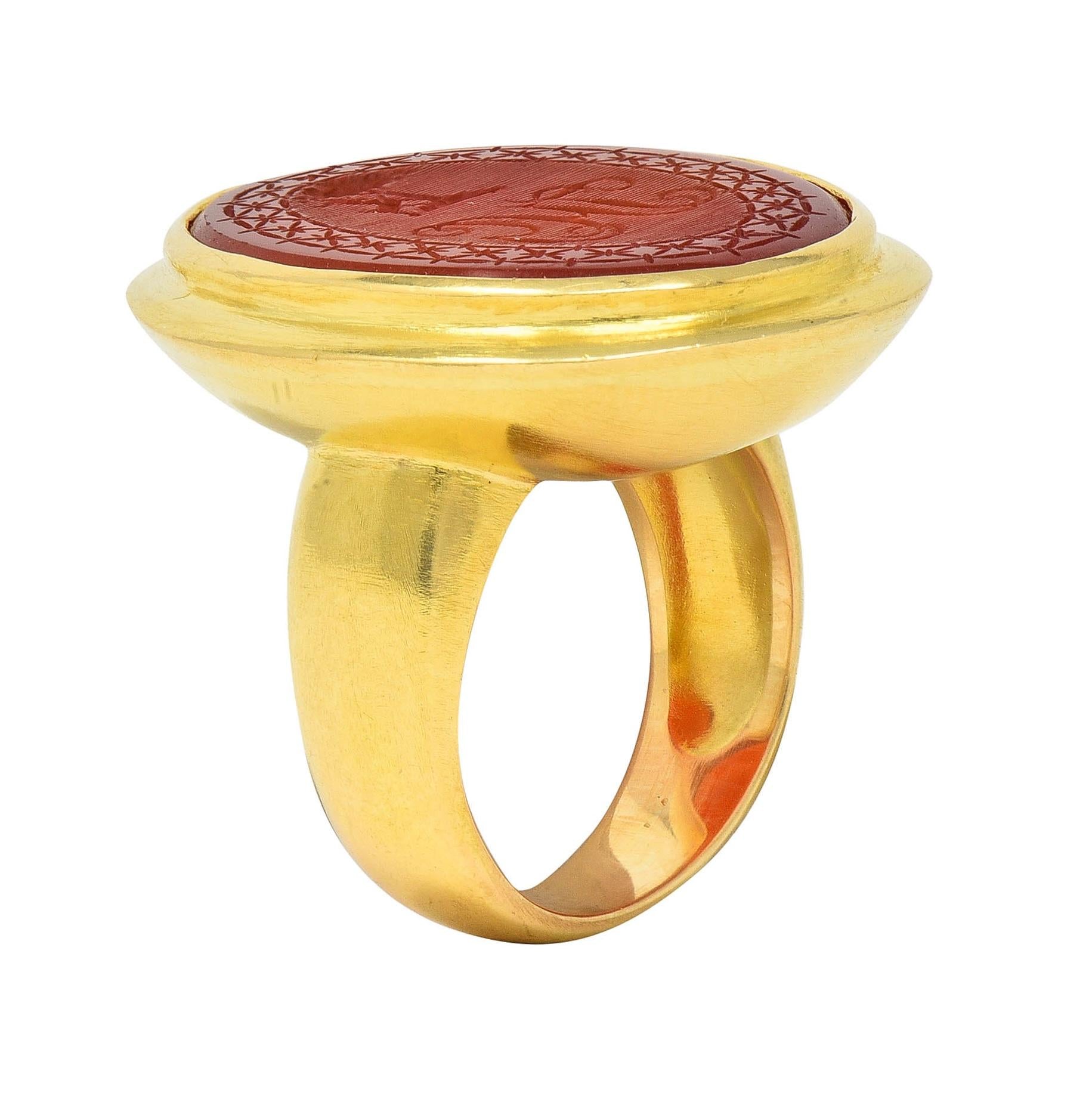 Victorian Carved Carnelian 18 Karat Yellow Gold Signet Antique Intaglio Ring