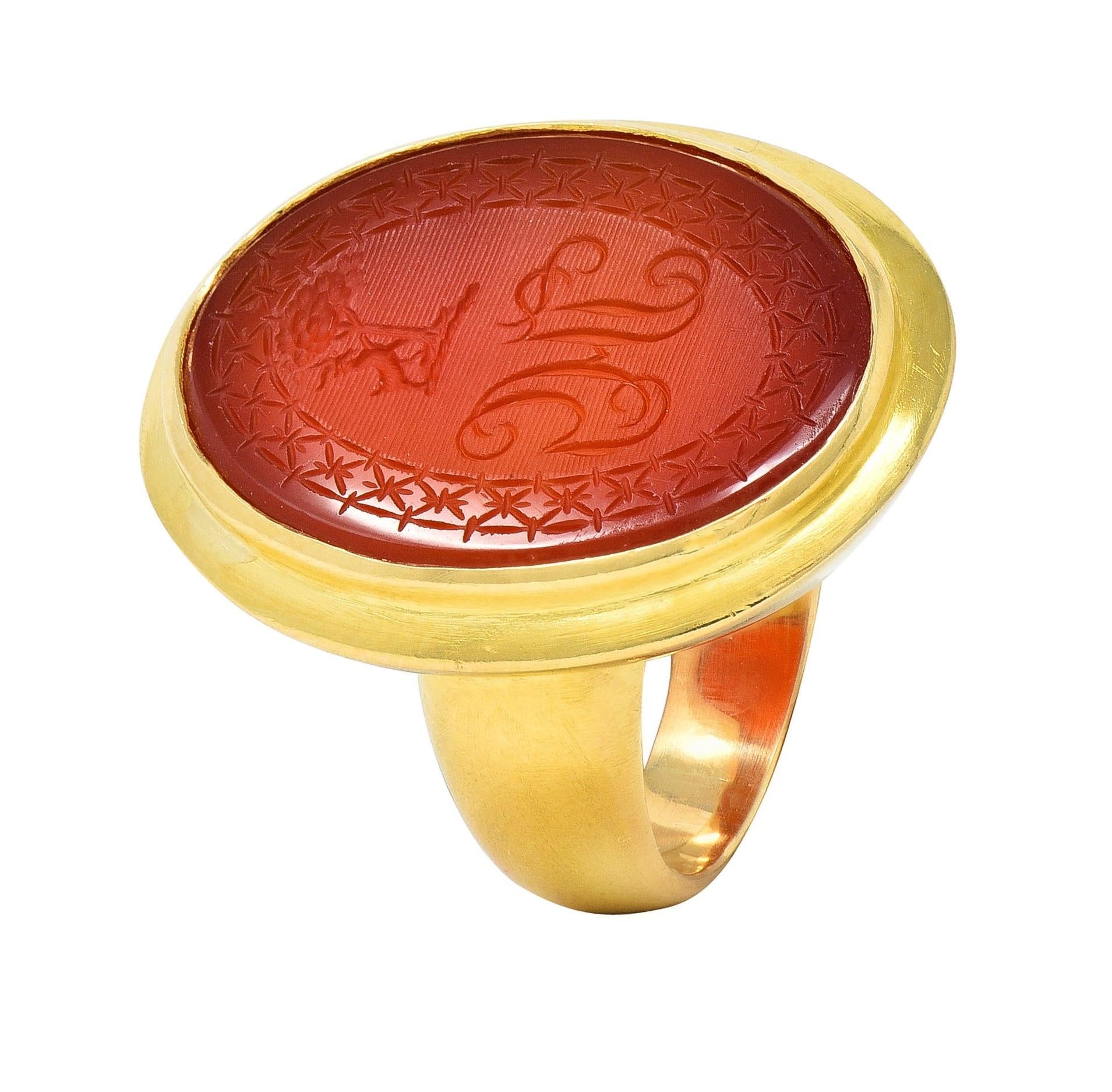 Victorian Carved Carnelian 18 Karat Yellow Gold Signet Antique Intaglio Ring