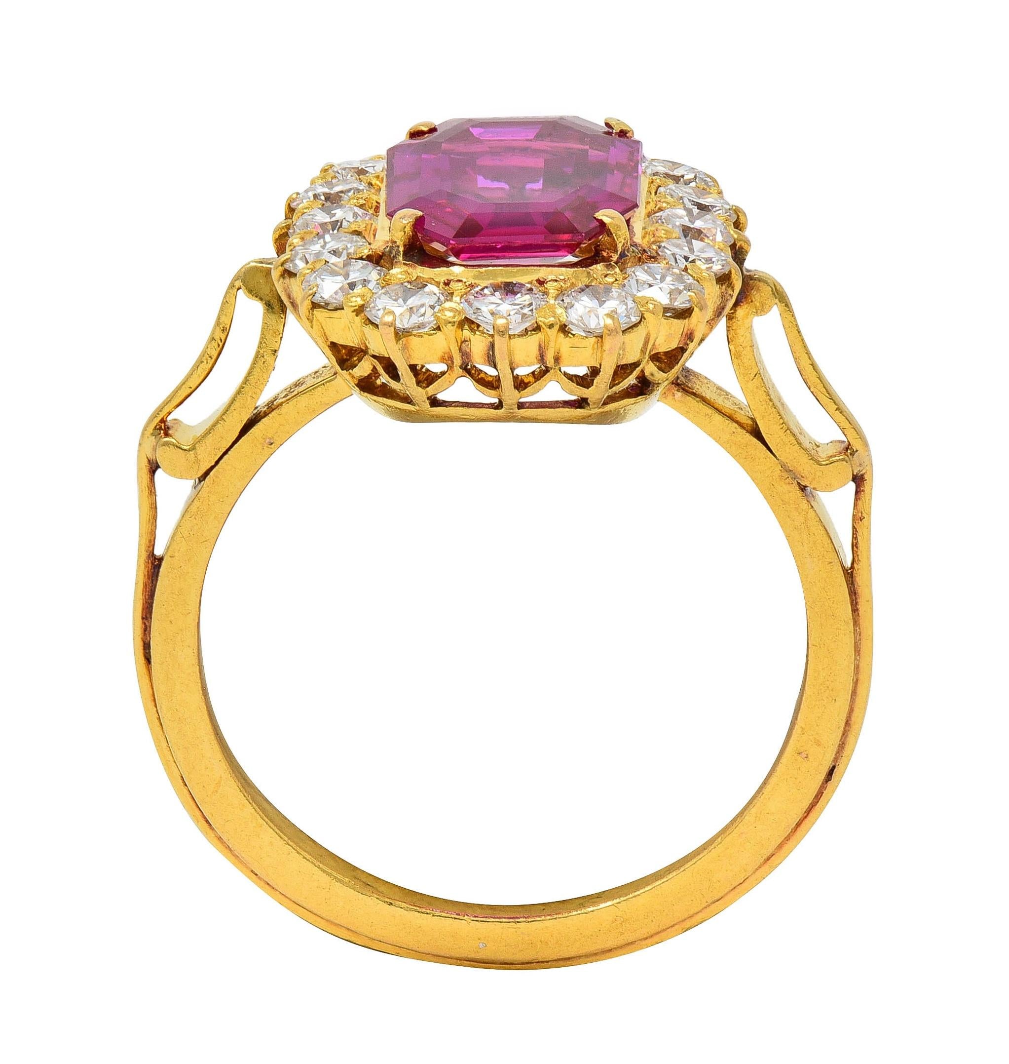 1960's 3.27 CTW No Heat Burma Ruby Diamond 18K Yellow Gold Vintage Halo Ring GIA