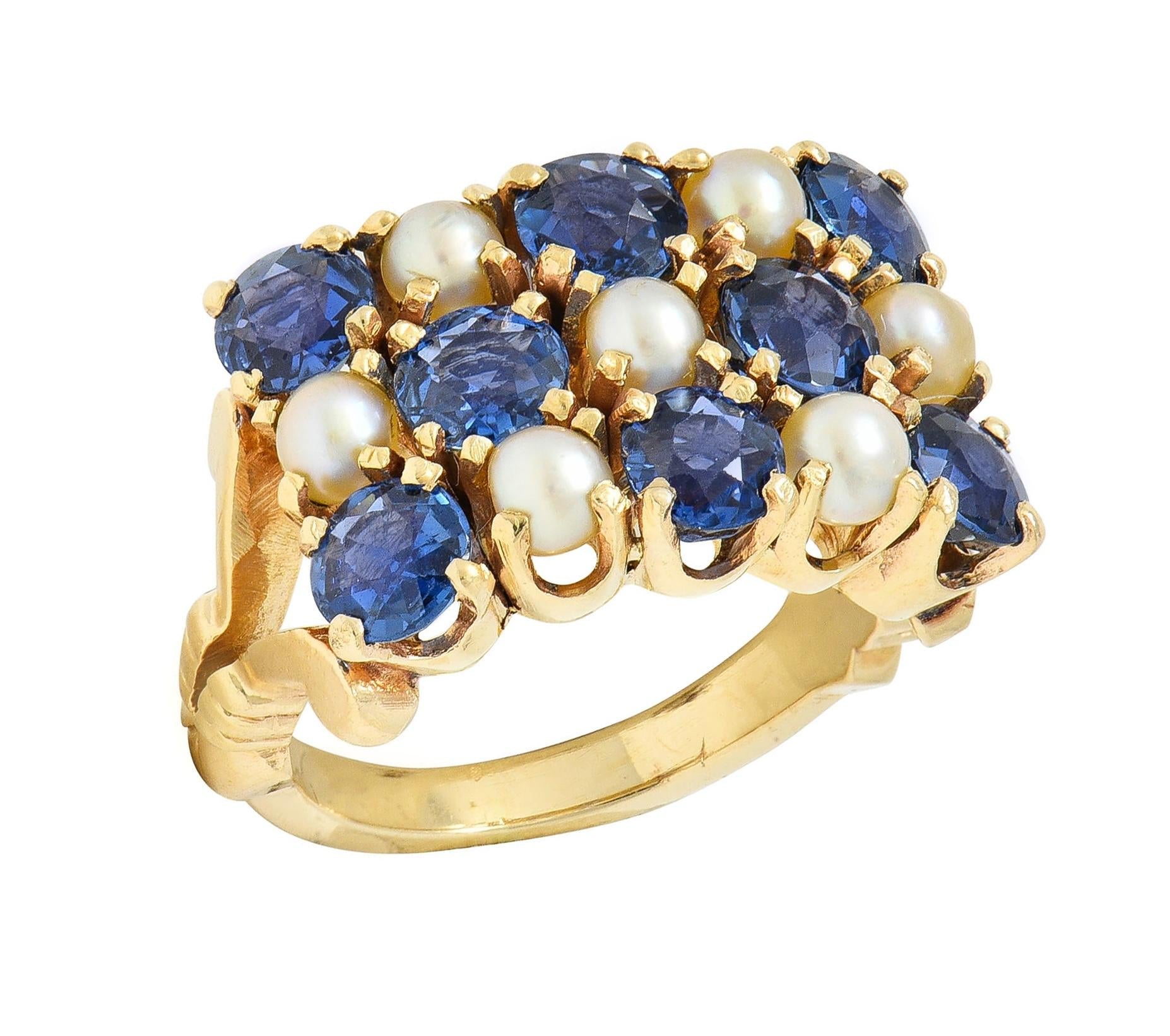 Victorian 2.00 CTW Sapphire Pearl 14 Karat Gold Antique Checkerboard Ring