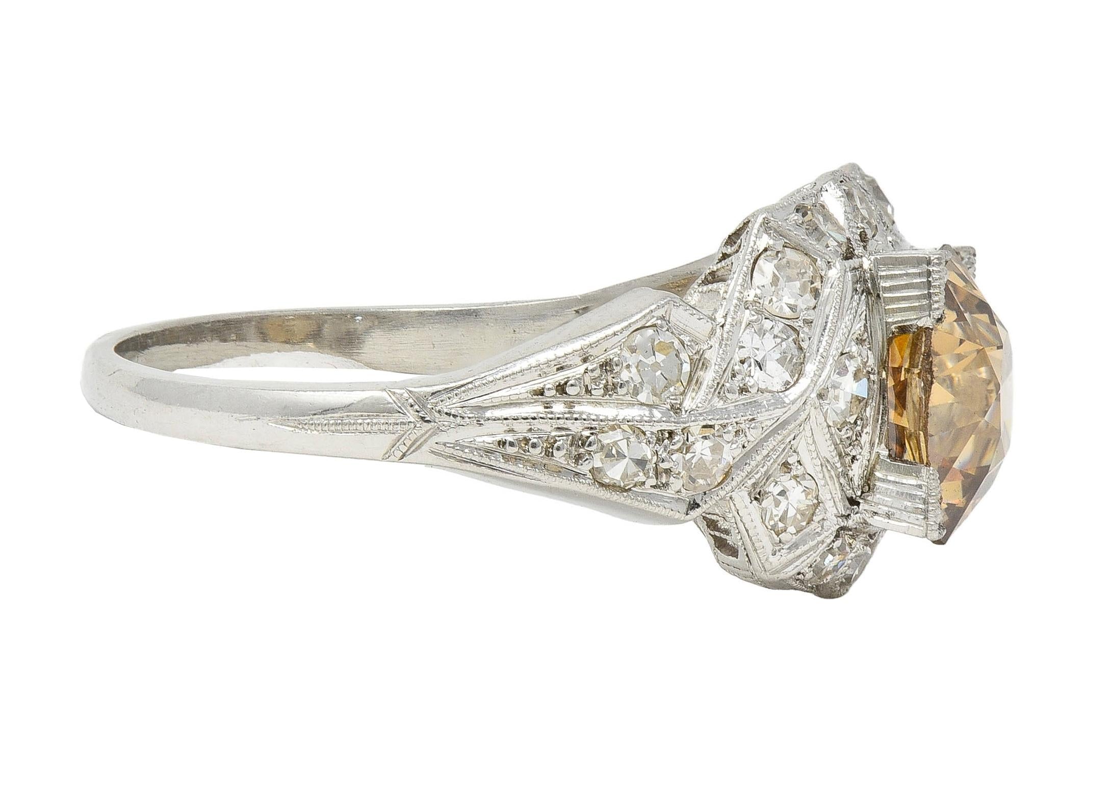 Art Deco 2.64 CTW Fancy Brown-Yellow Diamond Platinum Vintage Engagement Ring