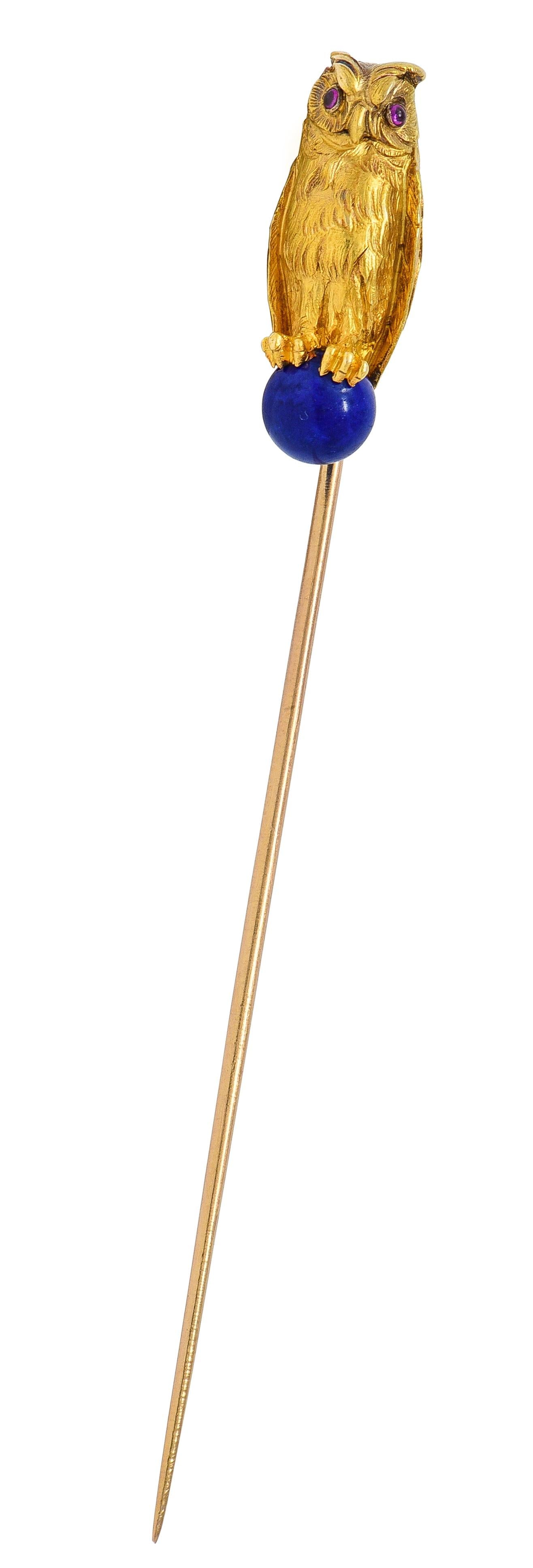 Art Nouveau Lapis Lazuli Ruby 18 Karat Yellow Gold Antique Owl Stickpin