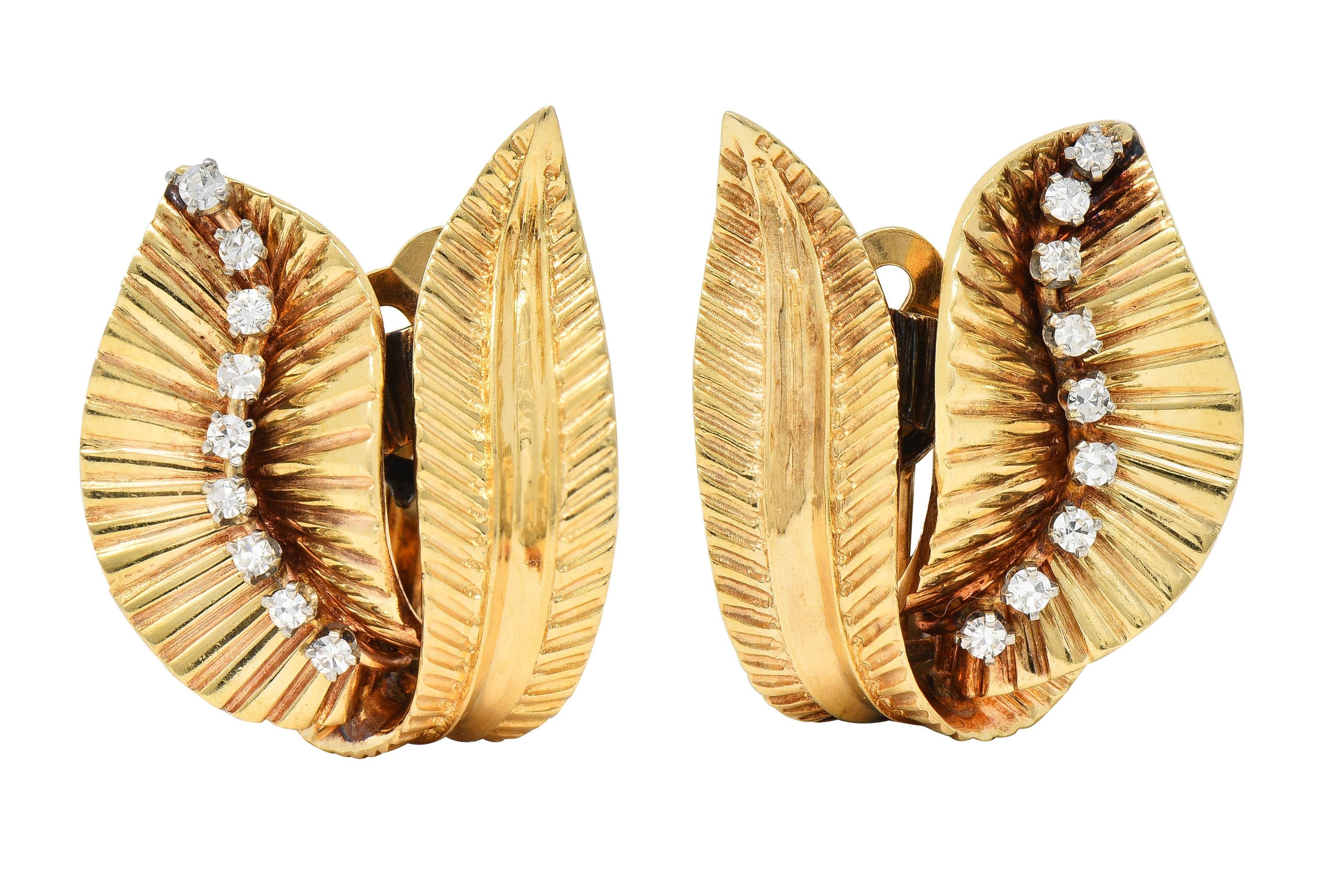 Mid-Century Diamond 14 Karat Two-Tone Yellow Gold Vintage Leaf Earrings