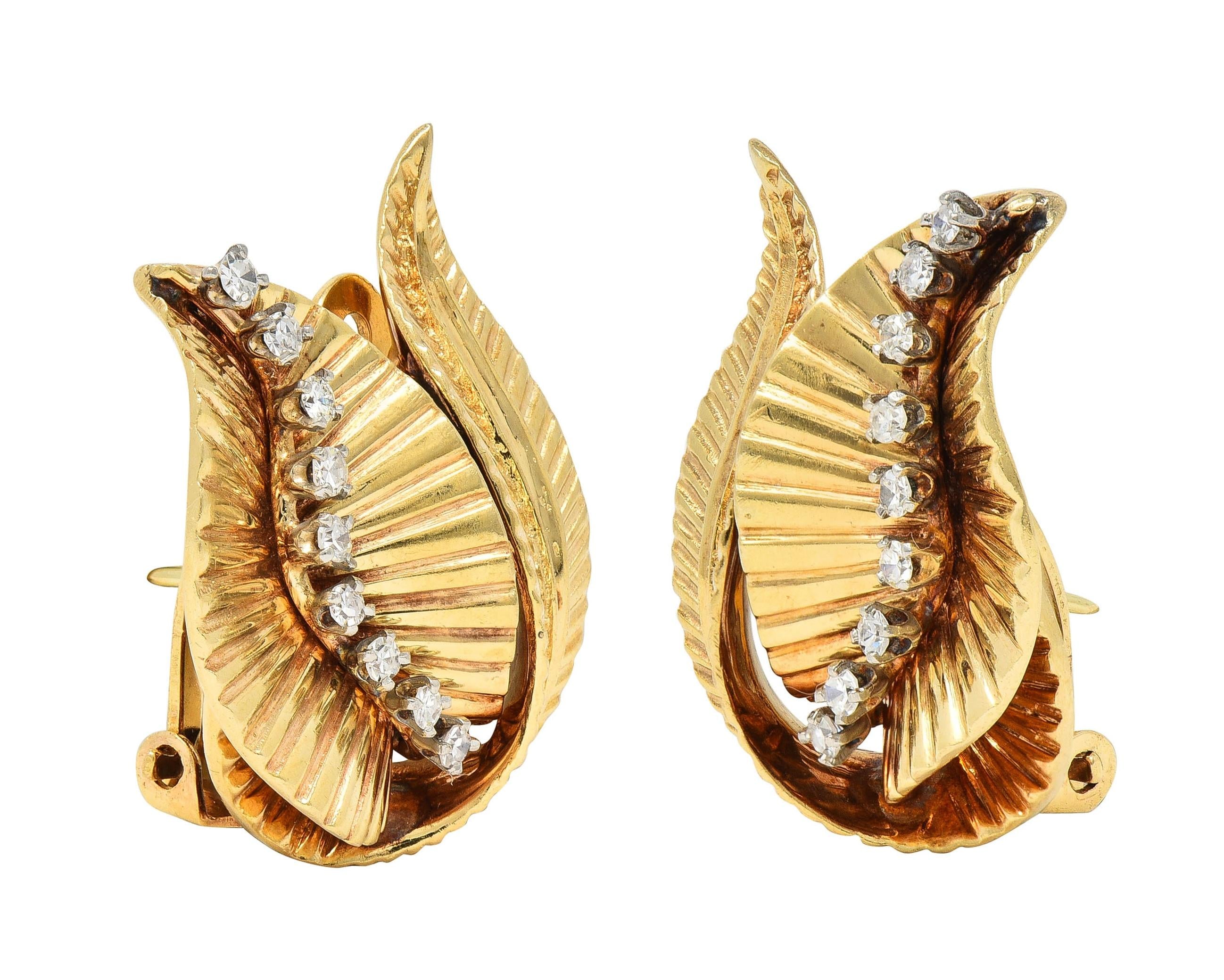 Mid-Century Diamond 14 Karat Two-Tone Yellow Gold Vintage Leaf Earrings