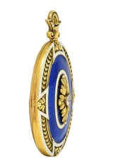 Henry Blank & Co. Diamond Guilloche Enamel 14 Karat Gold Antique Locket Pendant