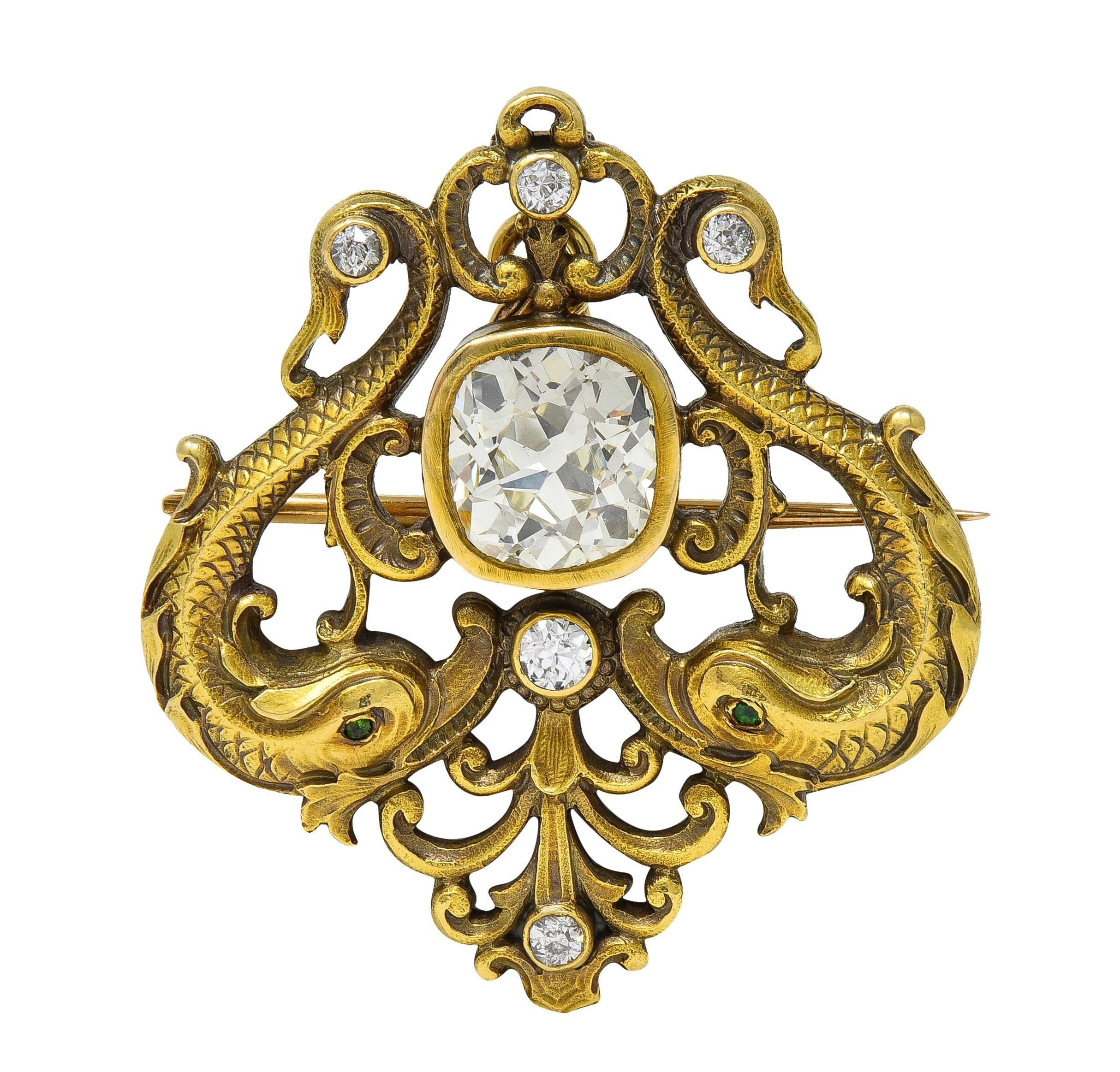 Frank Walter Lawrence Nouveau Diamond 14K Gold Antique Serpent Pendant Brooch
